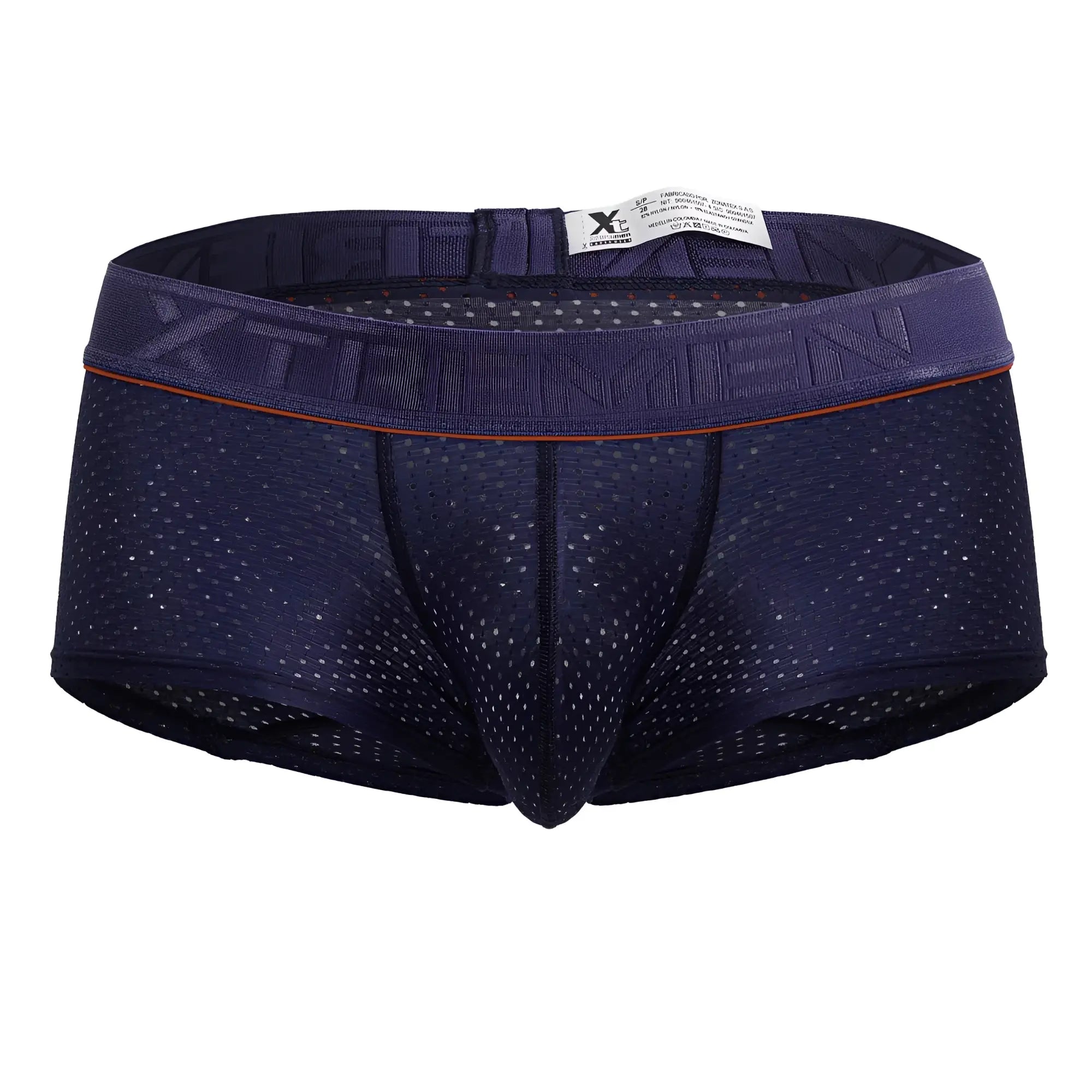 Dark blue Xtremen 91212B microfiber trunks with mesh fabric and orange trimmed elastic waistband with embossed brand name