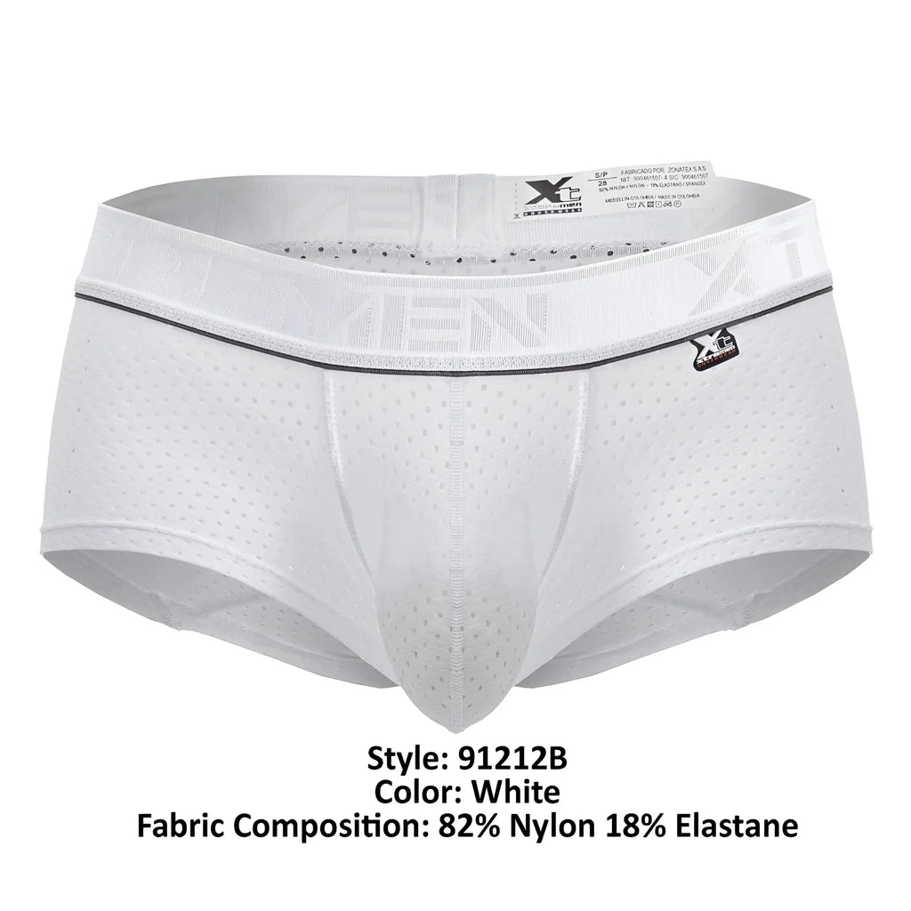 White xtremen 91212b microfiber trunks with perforated mesh design and black trim waistband featuring xtreme logo patch