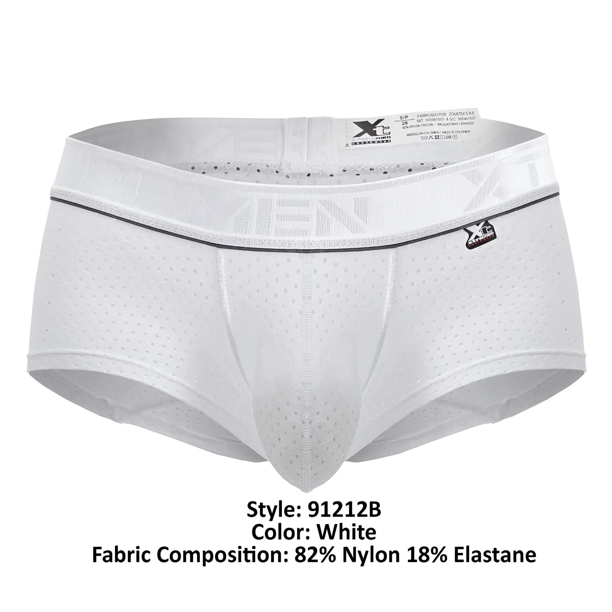 White xtremen 91212b microfiber trunks with perforated mesh design and black trim waistband featuring xtreme logo patch