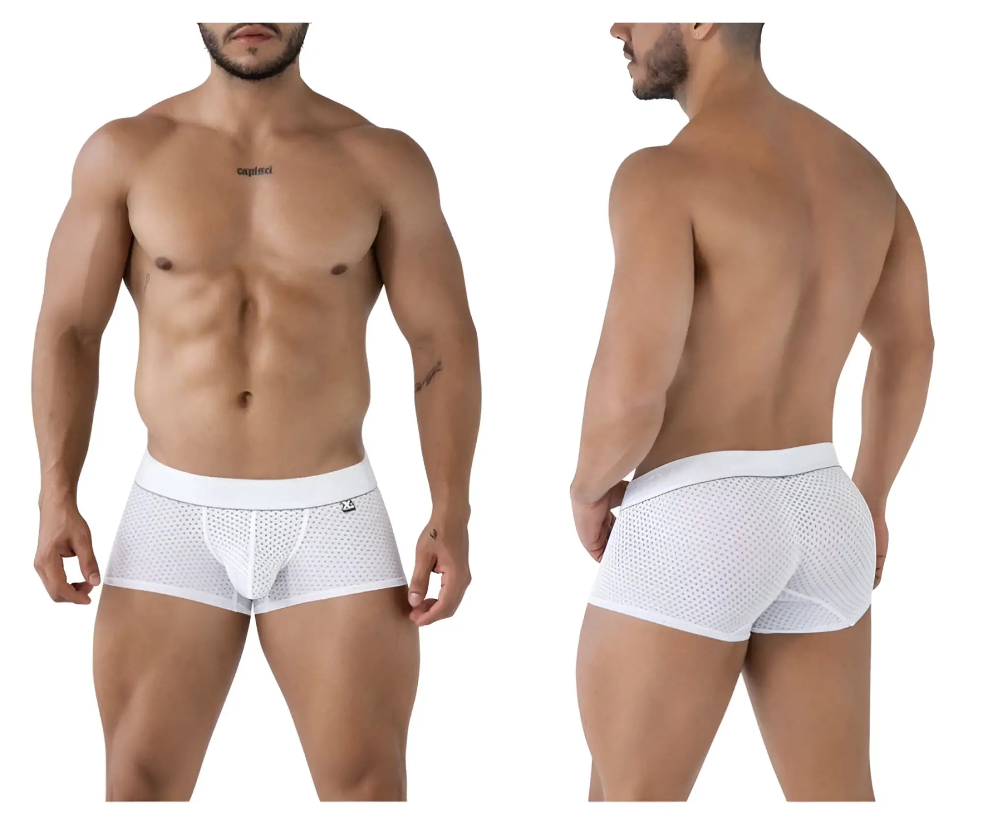 White xtremen 91212b microfiber trunks with white mesh briefs and solid waistband front view