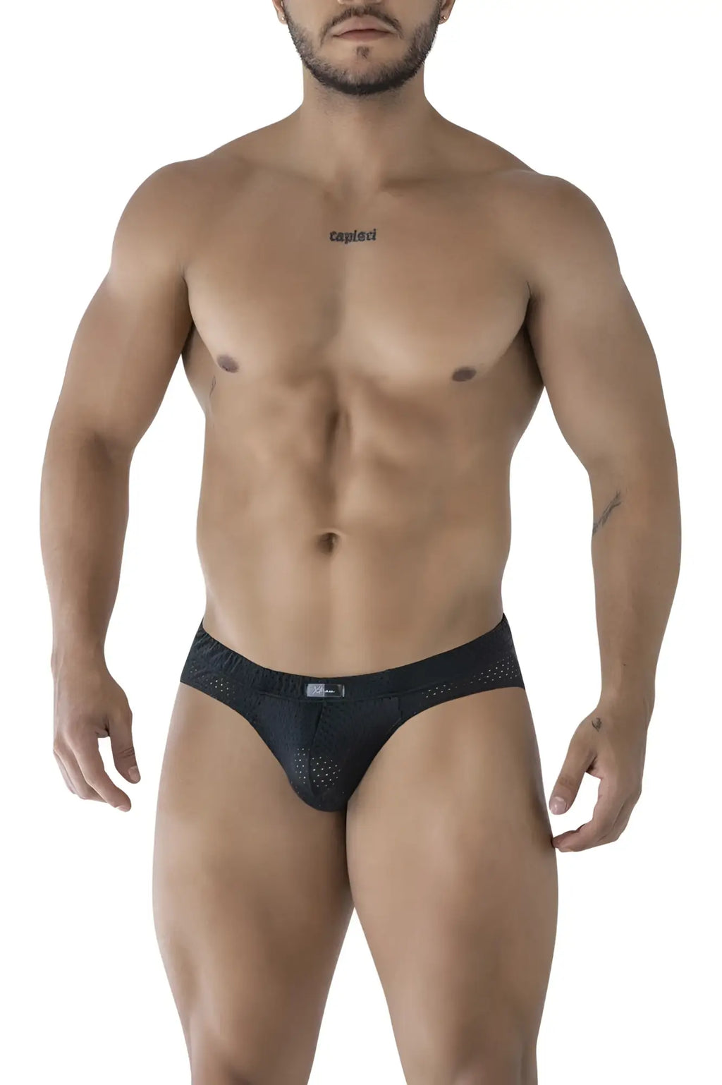 Xtremen 91213b black microfiber briefs with black mesh fabric and a subtle logo on the waistband front view