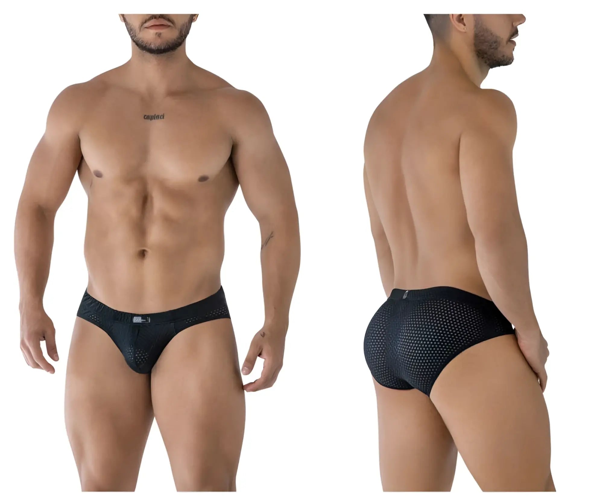 Black xtremen 91213b microfiber briefs with subtle mesh pattern and small logo on waistband front side