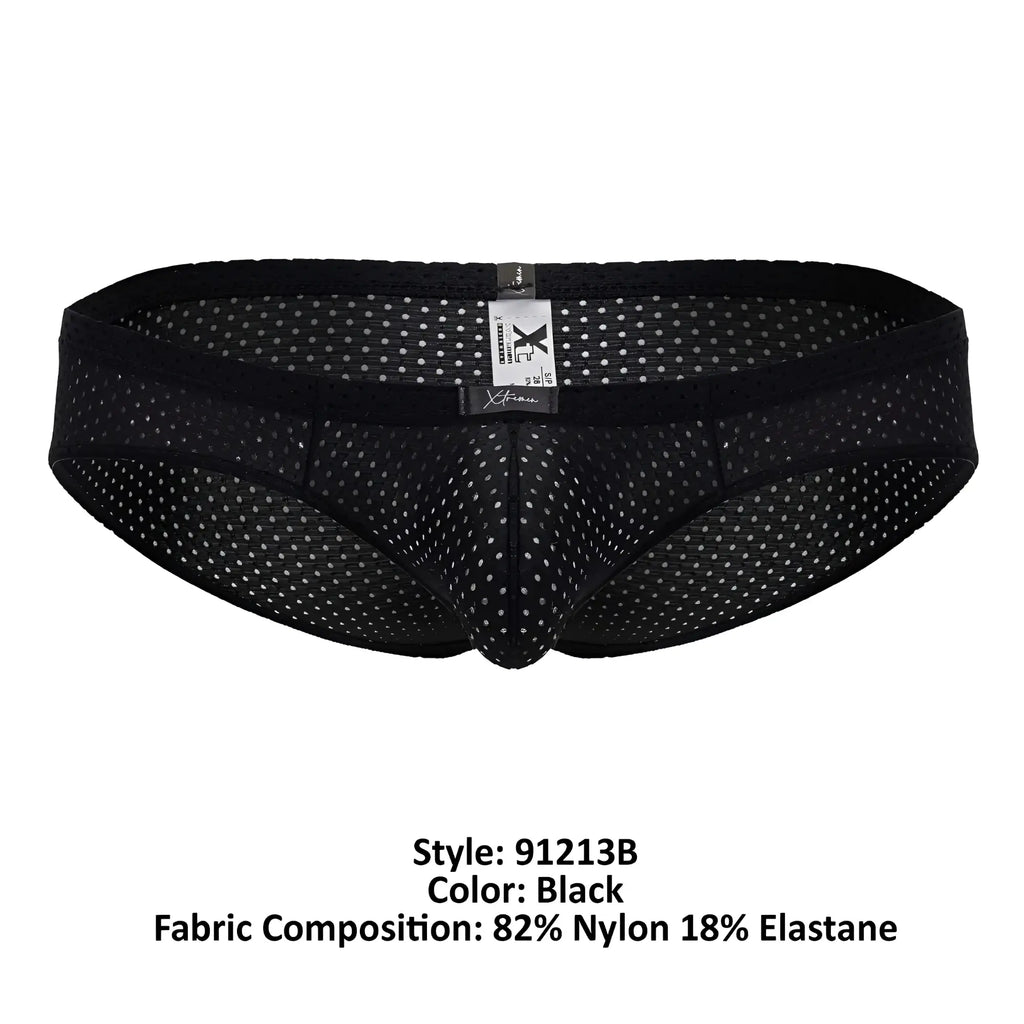 Xtremen 91213b black microfiber briefs with breathable mesh, subtle white dot pattern, and elastic waistband
