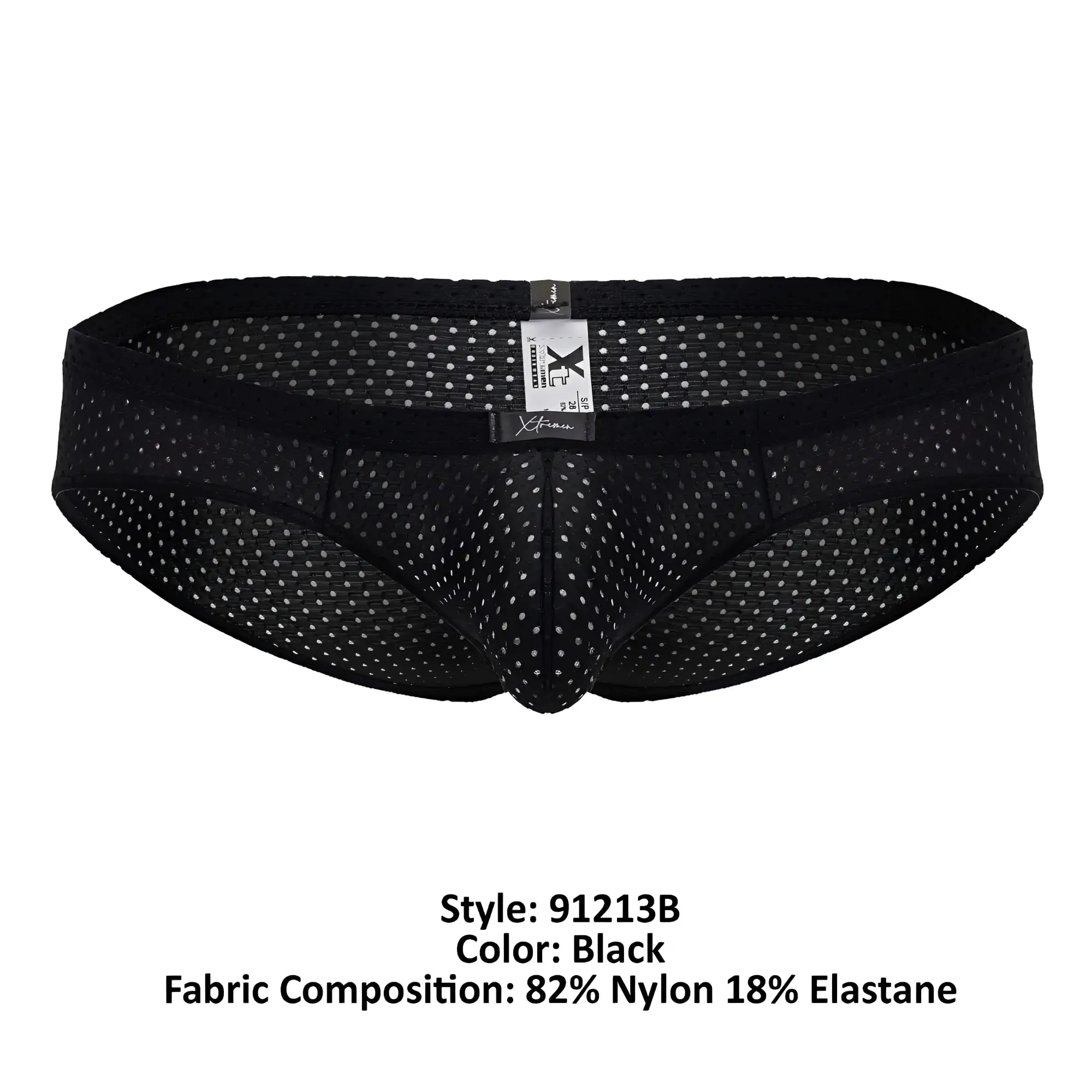 Xtremen 91213b black microfiber briefs with breathable mesh, subtle white dot pattern, and elastic waistband