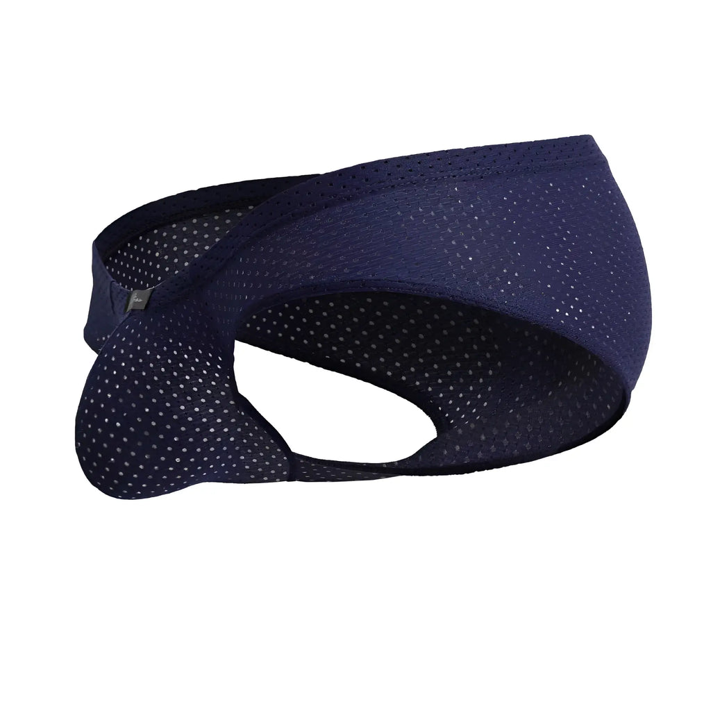 Navy blue microfiber mesh athletic supporter briefs with subtle white dot pattern xtremen 91213b front view