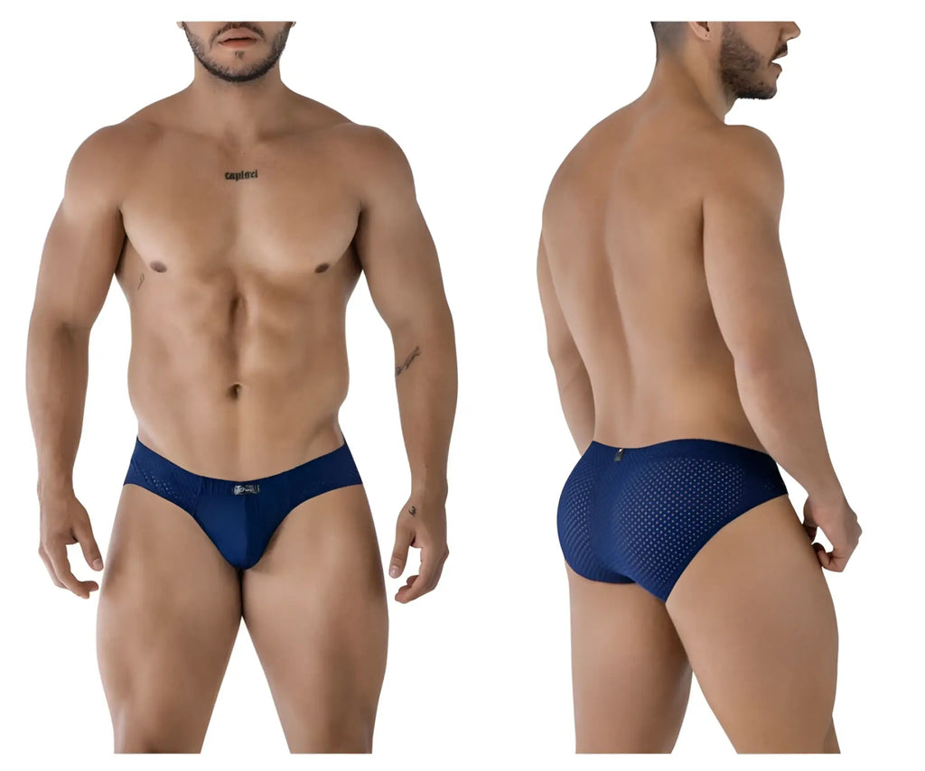 Navy xtremen 91213b microfiber briefs with mesh fabric subtle pattern and small logo on waistband front view