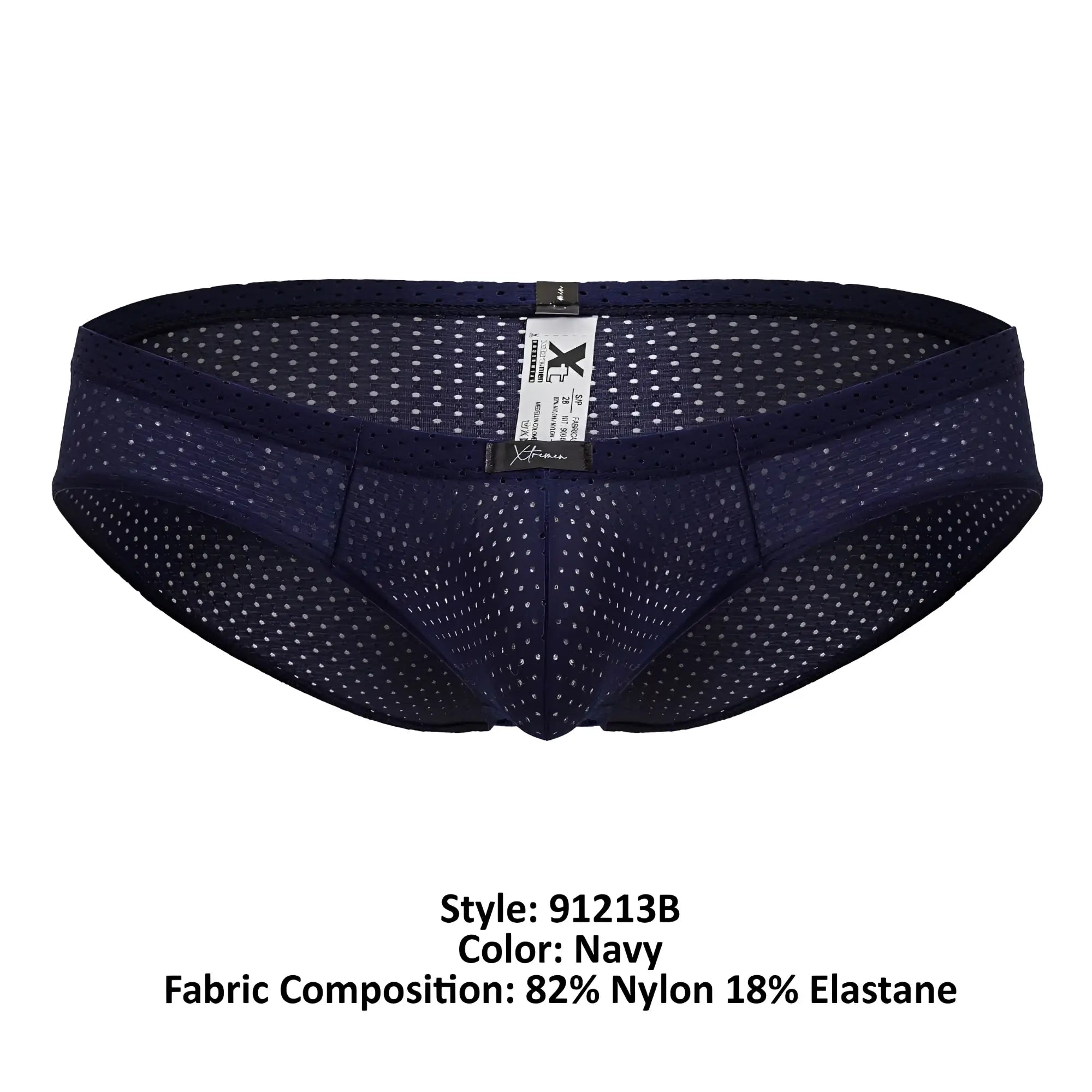 Navy xtremen 91213b microfiber briefs with mesh, subtle white dot pattern, and elastic waistband