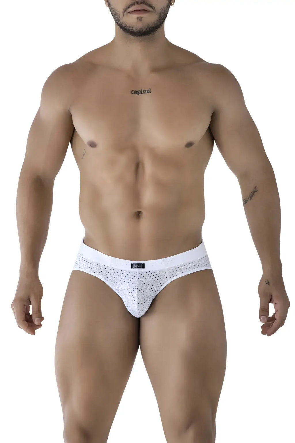 White Xtremen 91213B microfiber briefs with a subtle perforated mesh pattern and branded waistband
