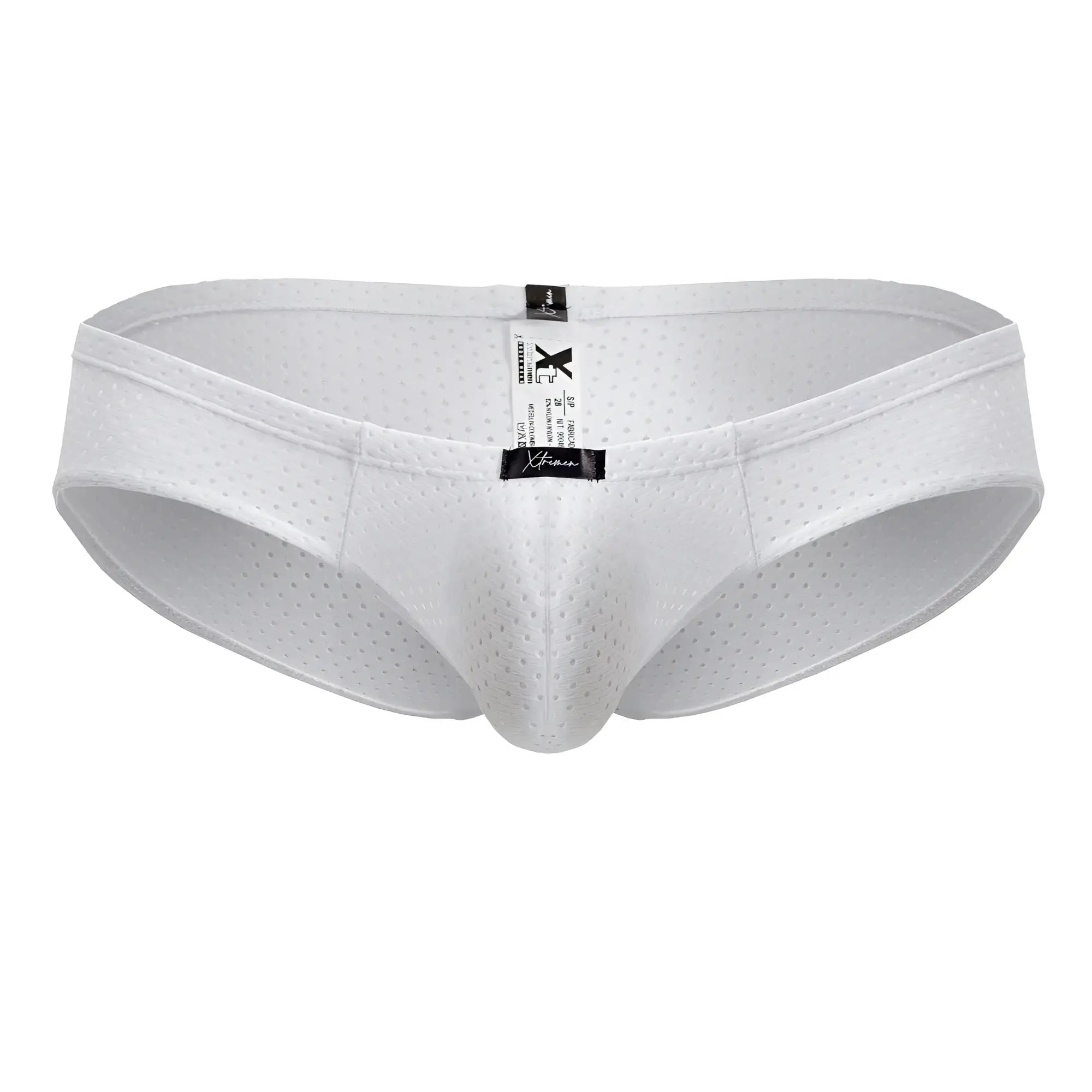 White xtremen 91213b microfiber briefs with perforated mesh, central seam, and black brand tags