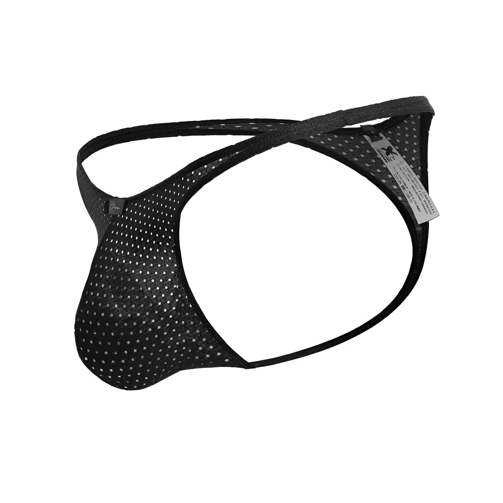 Black mesh jockstrap with silver dot pattern and reinforced elastic straps from xtremen 91214b microfiber thongs