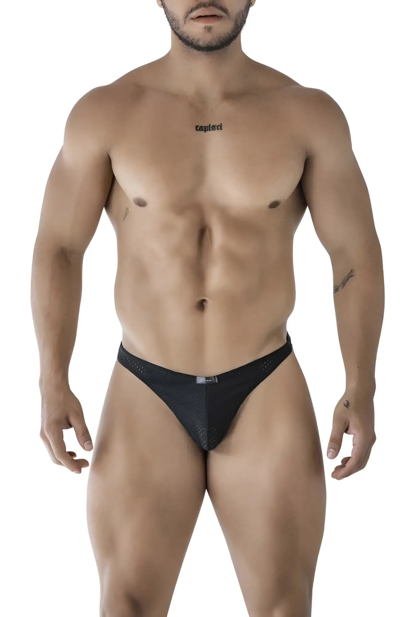 Black xtremen 91214b microfiber thong briefs with subtle textured mesh and small logo on waistband
