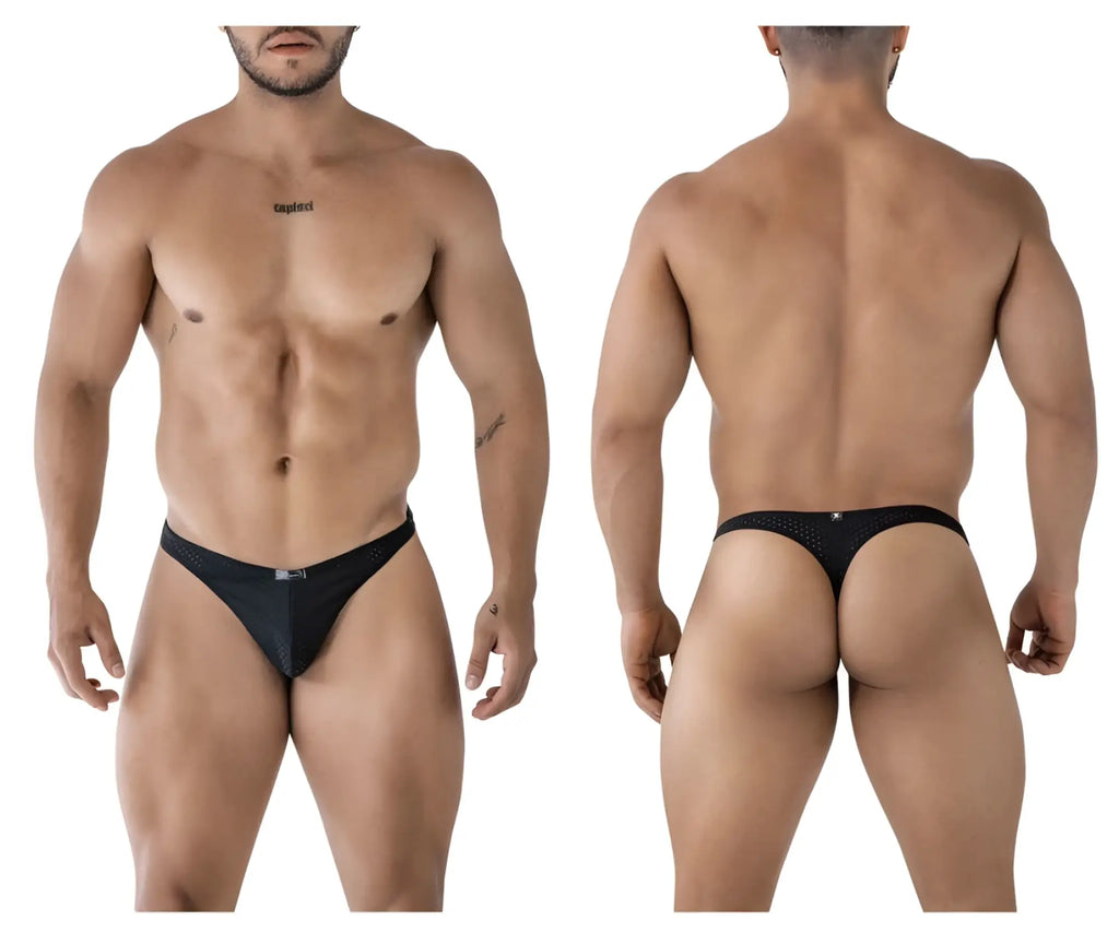 Black xtremen 91214b microfiber thong with mesh design and small logo on front and back of the product