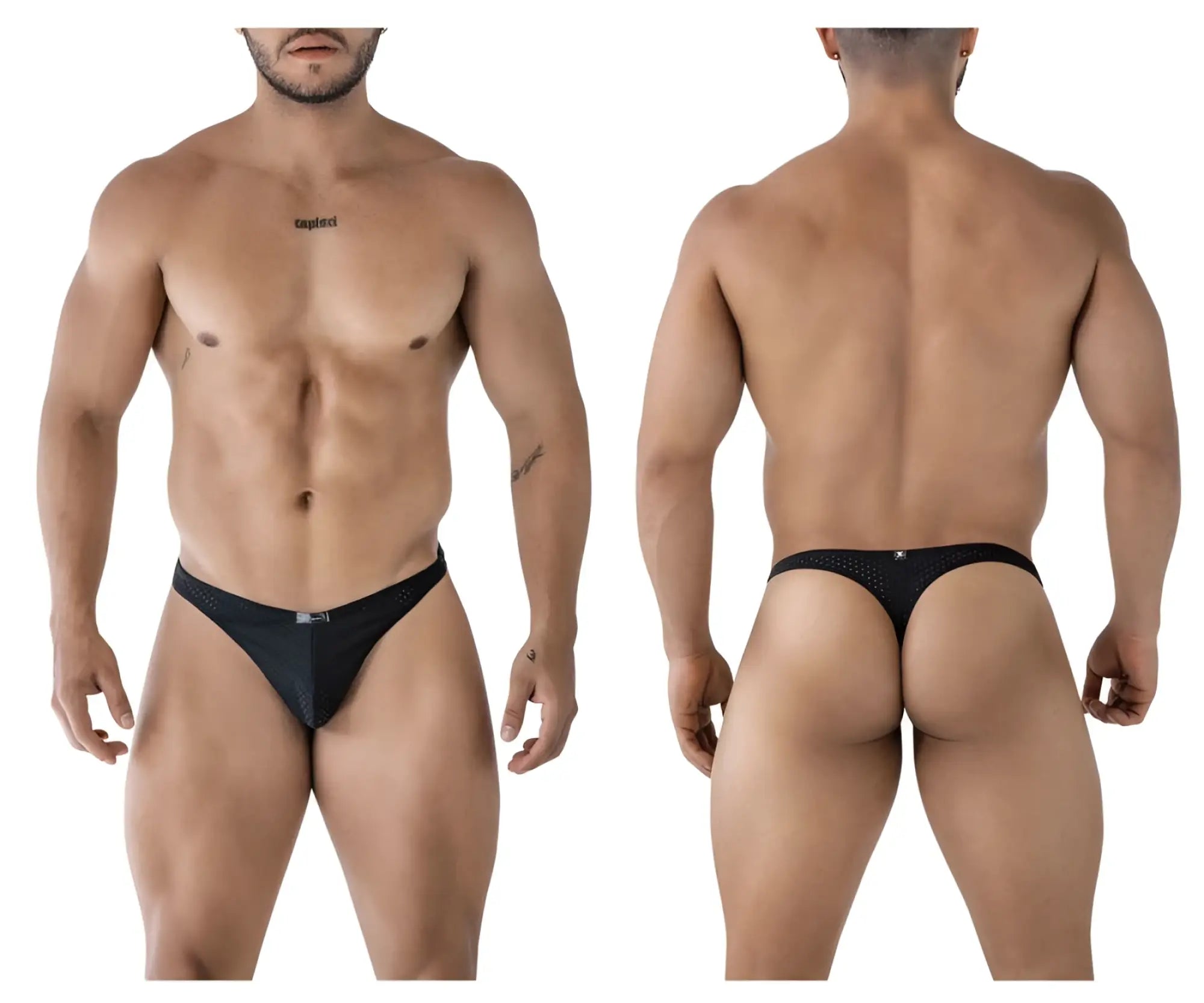 Black xtremen 91214b microfiber thong with mesh design and small logo on front and back of the product