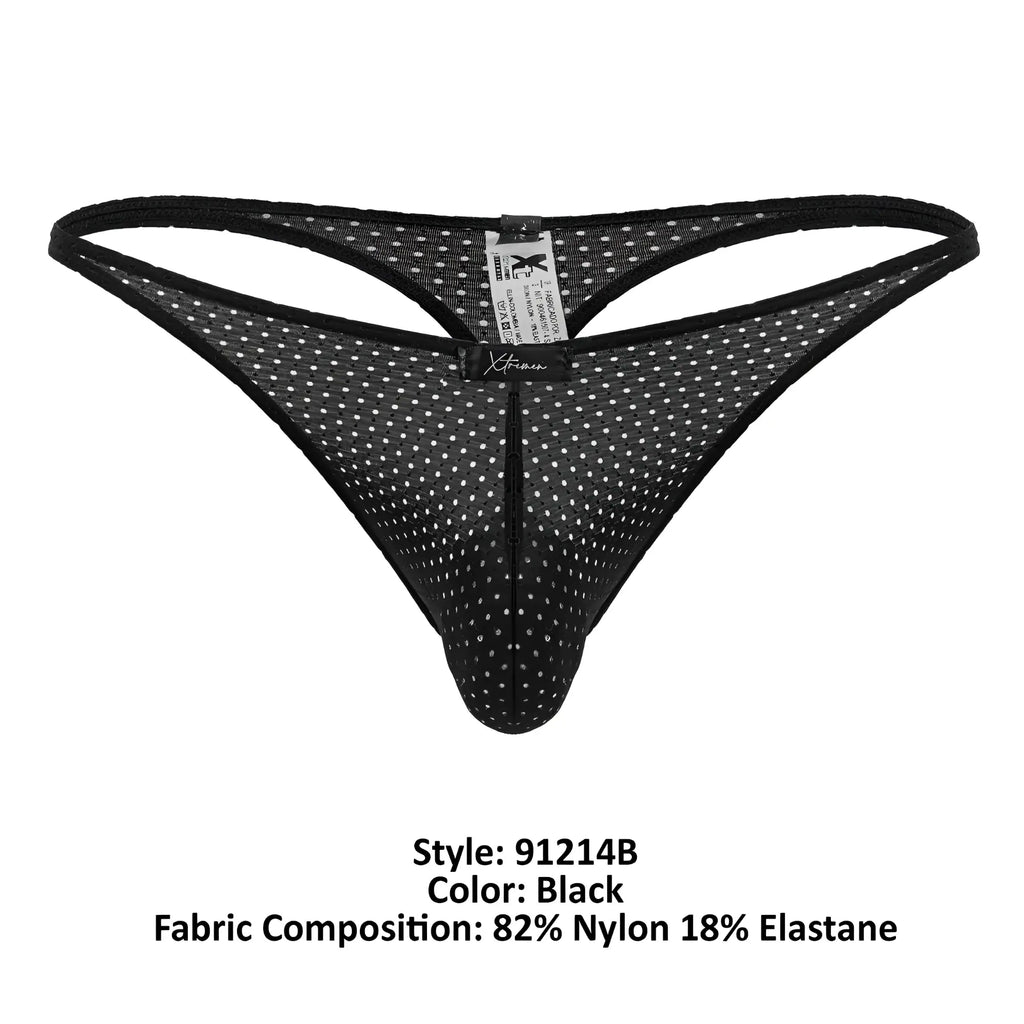 Xtremen 91214B black microfiber thong with white polka dots mesh and central zipper detail