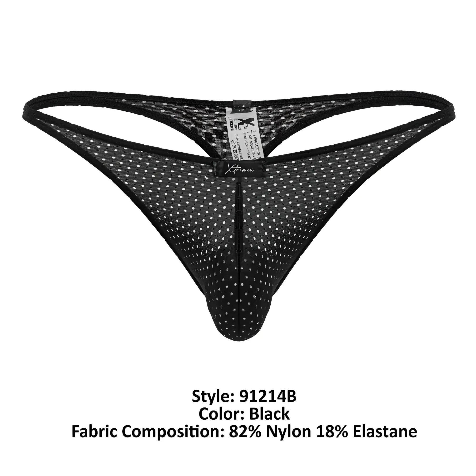 Xtremen 91214B black microfiber thong with white polka dots mesh and central zipper detail