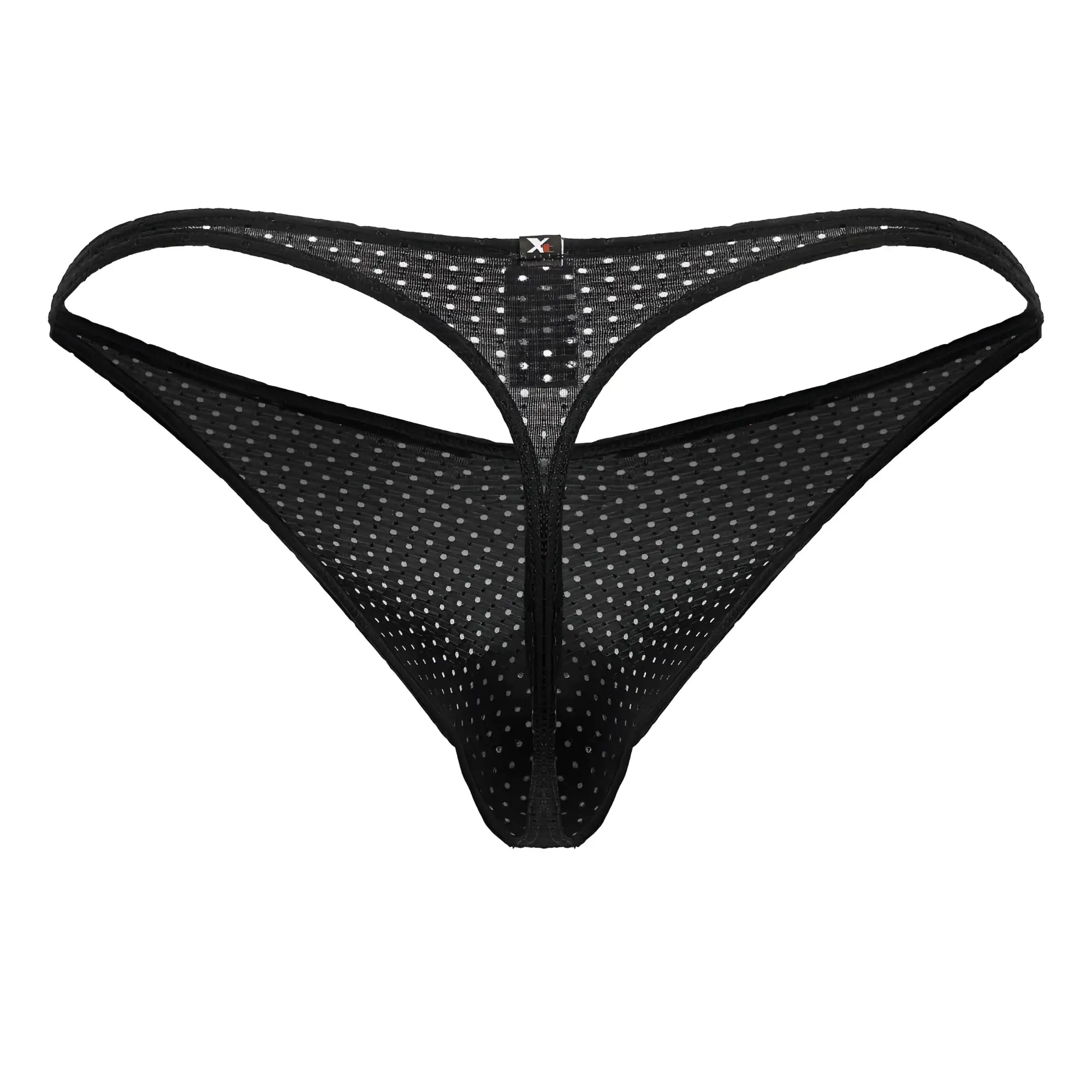 Xtremen 91214B black microfiber thong with white polka dots and front zipper detail in black mesh material