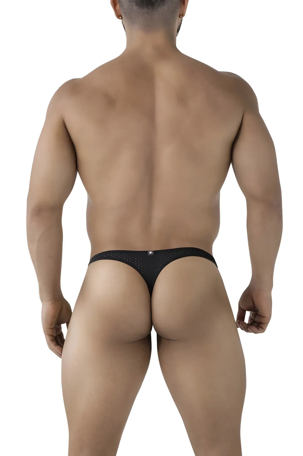 Back side of black Xtremen 91214B microfiber thong featuring perforated mesh and a small logo on the backband