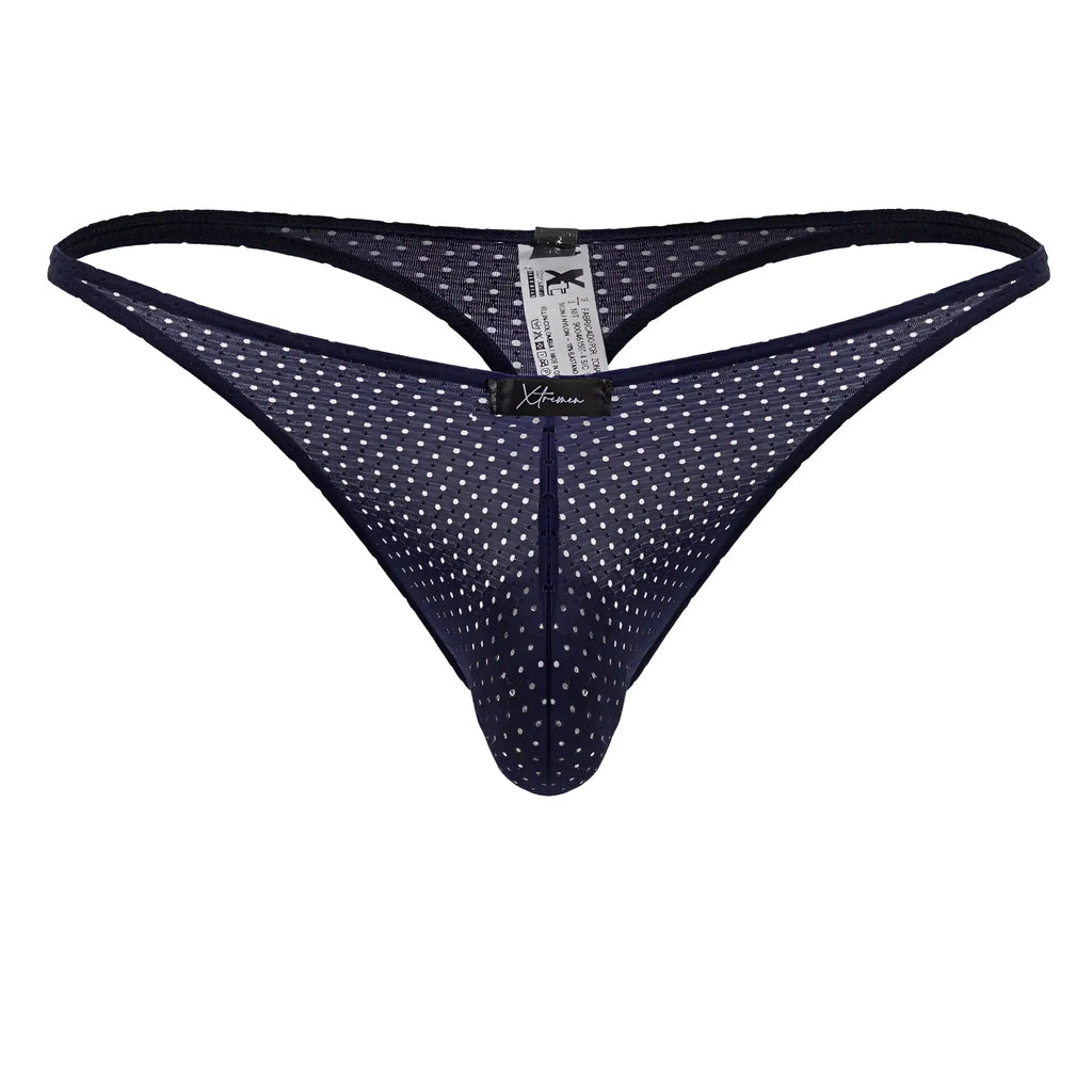 Dark blue mesh microfiber thong with white polka dots and a black xtremen brand tag visible from the back side