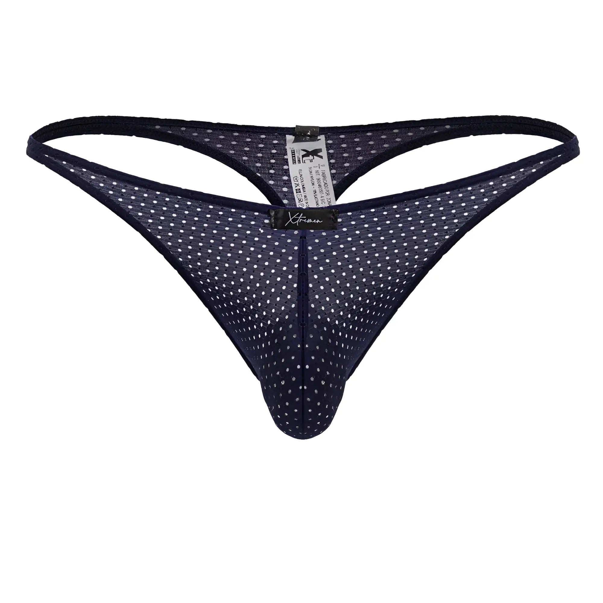 Dark blue mesh microfiber thong with white polka dots and a black xtremen brand tag visible from the back side