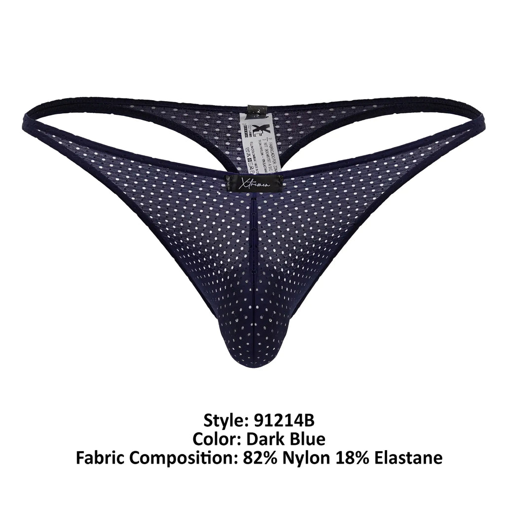 Dark blue xtremen 91214b microfiber thong with white polka dots mesh and black elastic waistband