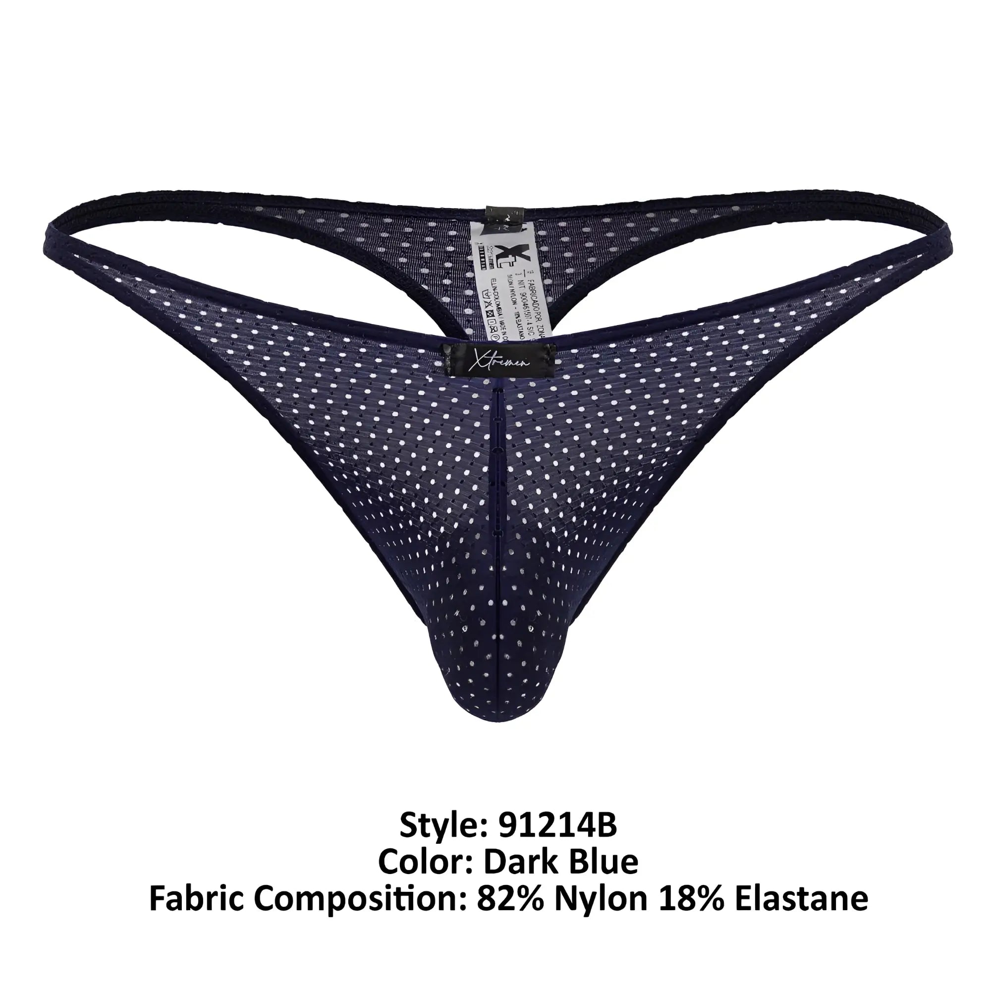 Dark blue xtremen 91214b microfiber thong with white polka dots mesh and black elastic waistband