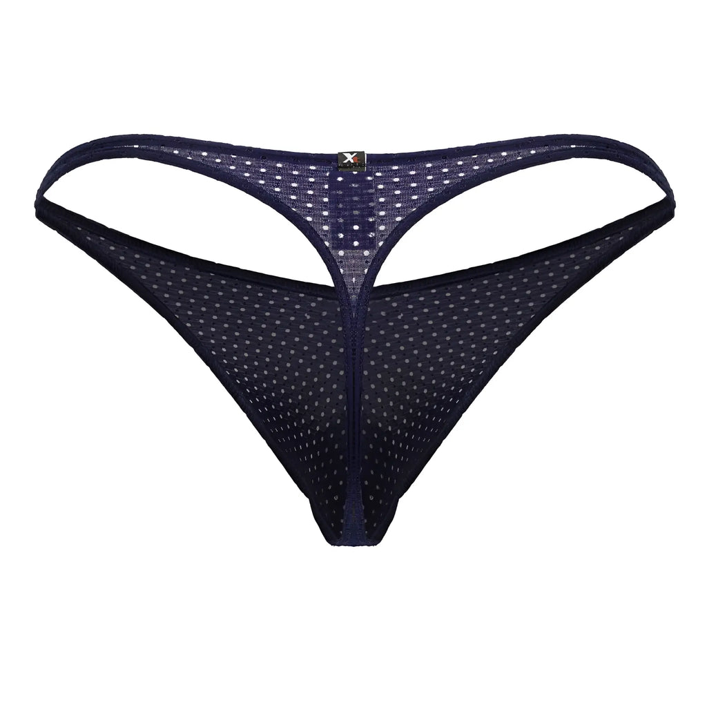 Dark blue xtremen 91214b microfiber thong with white polka dots and black logo on the center back mesh design