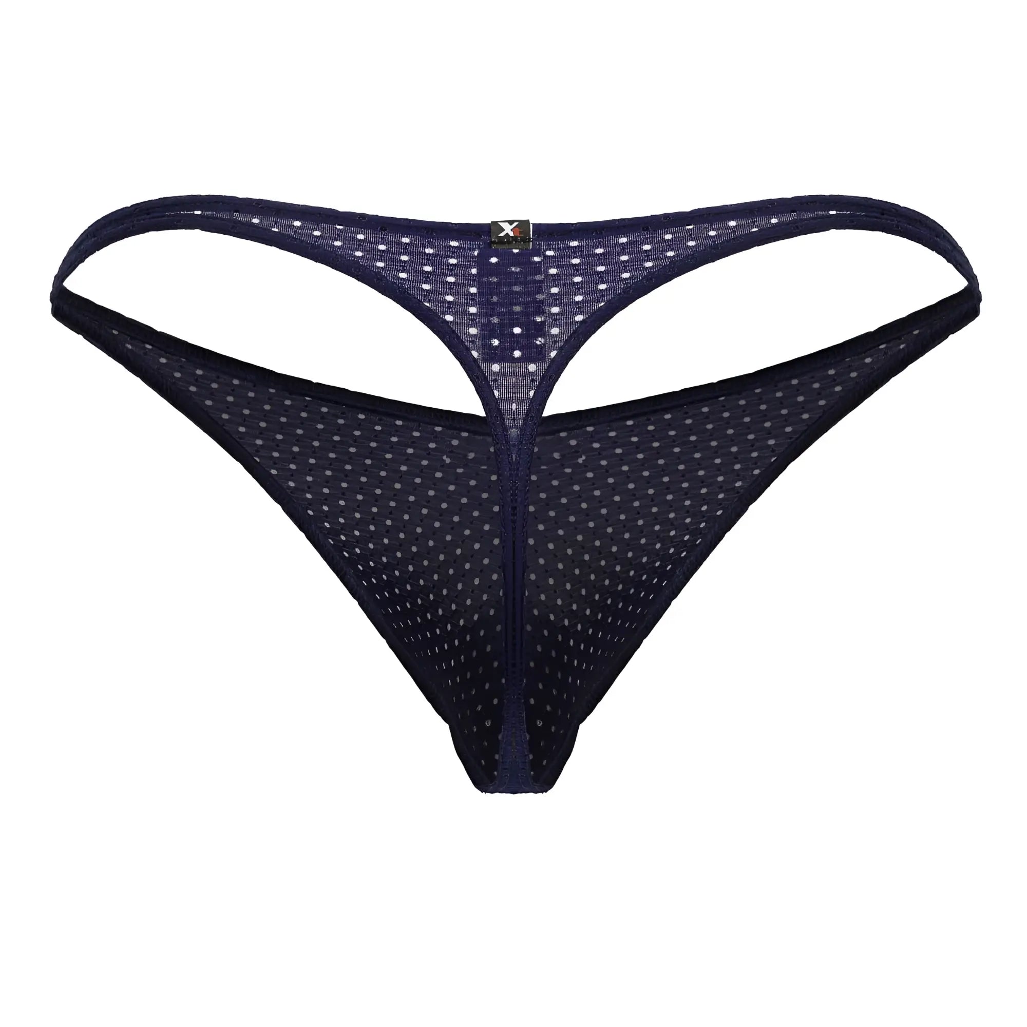 Dark blue xtremen 91214b microfiber thong with white polka dots and black logo on the center back mesh design
