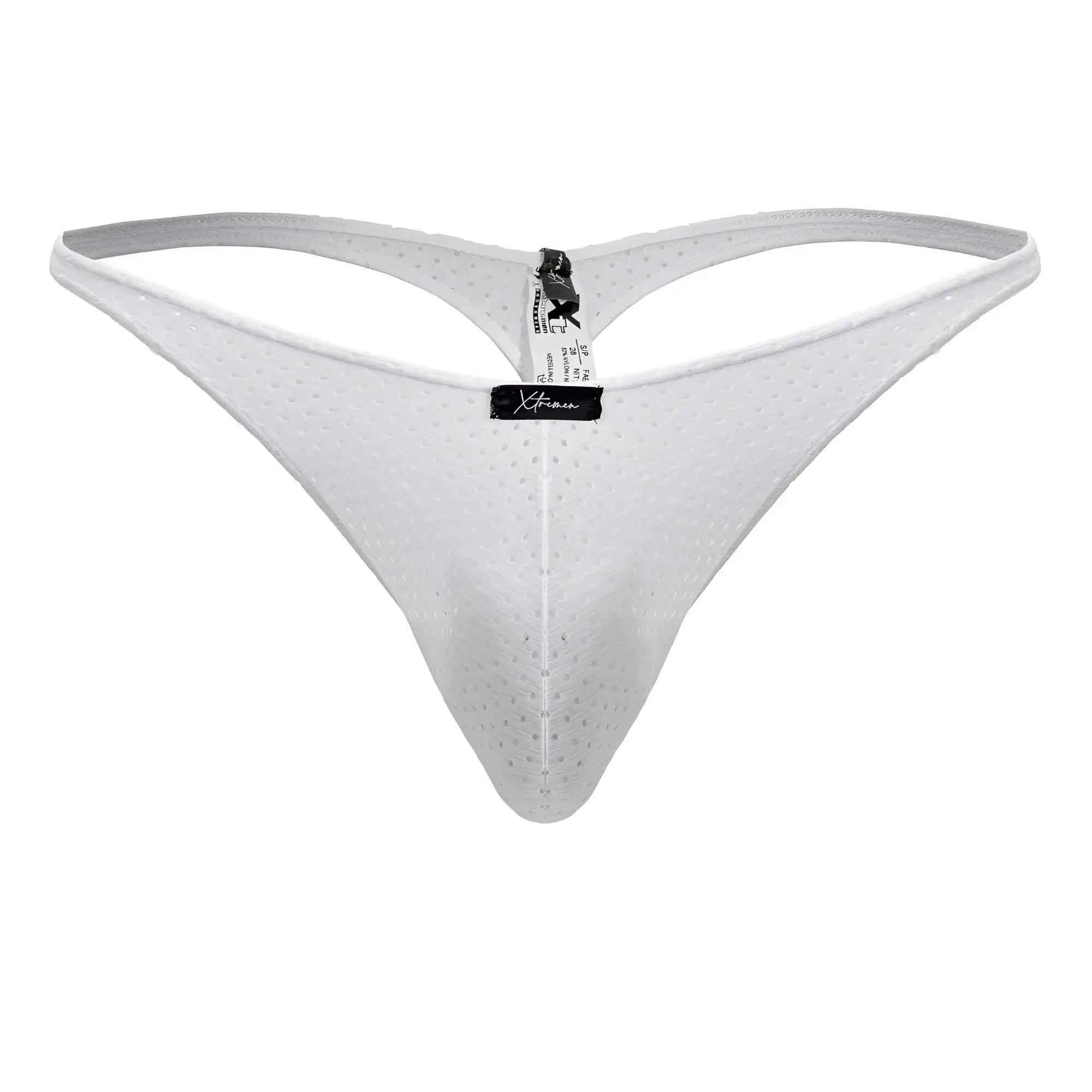White Xtremen 91214B microfiber thong with subtle perforated mesh texture and black brand tag at center front