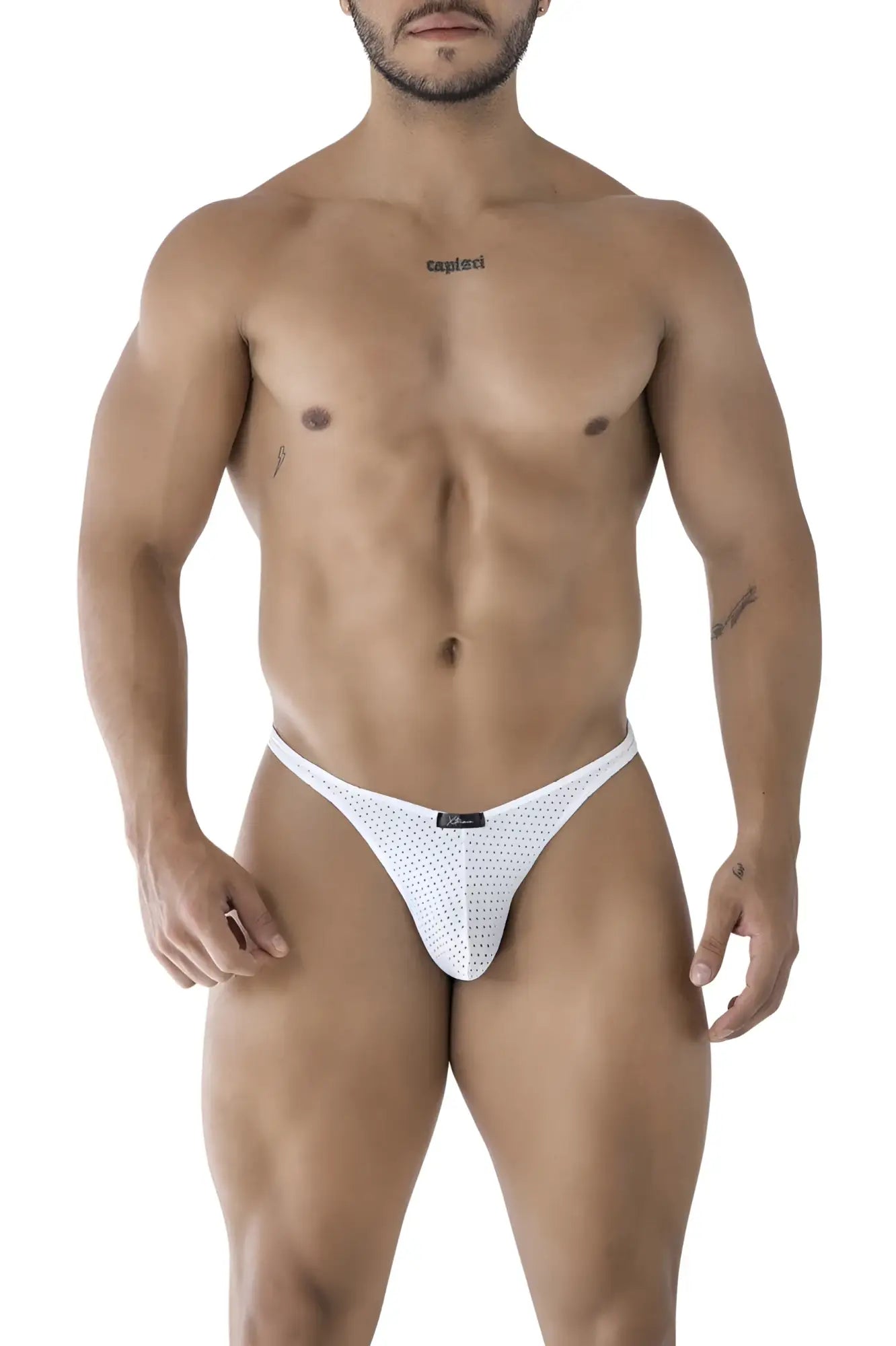 White xtremen 91214b microfiber thong with perforated mesh and black brand tag at waistband