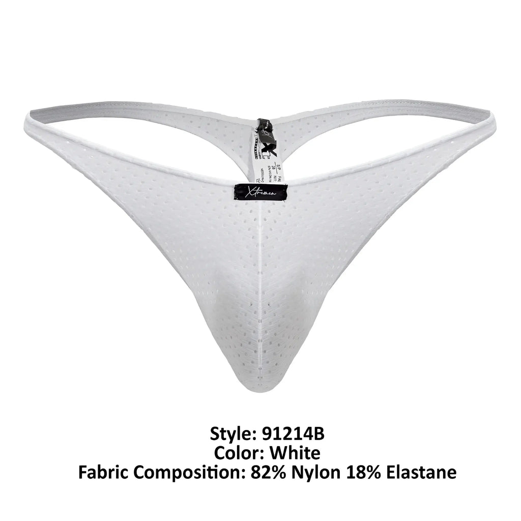 White xtremen 91214b microfiber thong with perforated nylon elastane and central black brand tag