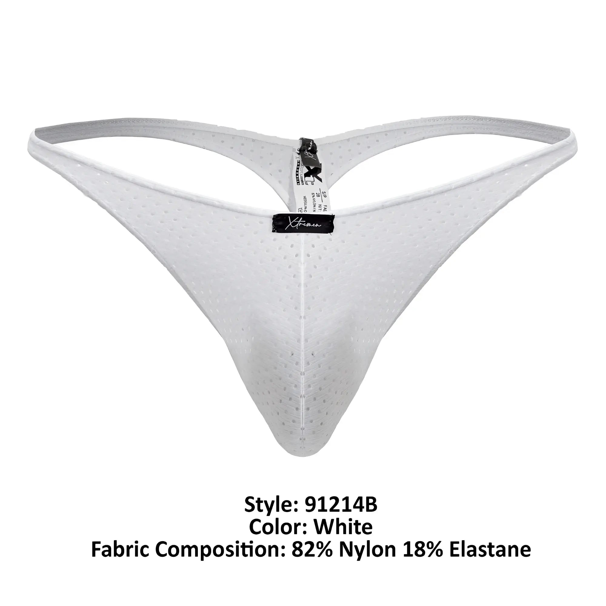 White xtremen 91214b microfiber thong with perforated nylon elastane and central black brand tag