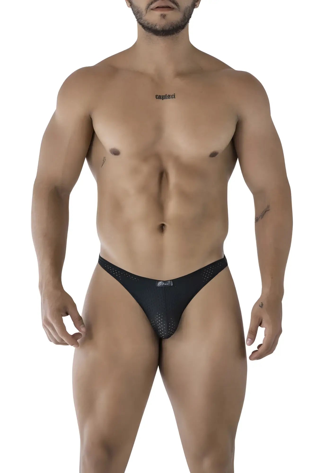 Xtremen 91215b black microfiber bikini briefs with black mesh and subtle perforated pattern and logo on waistband