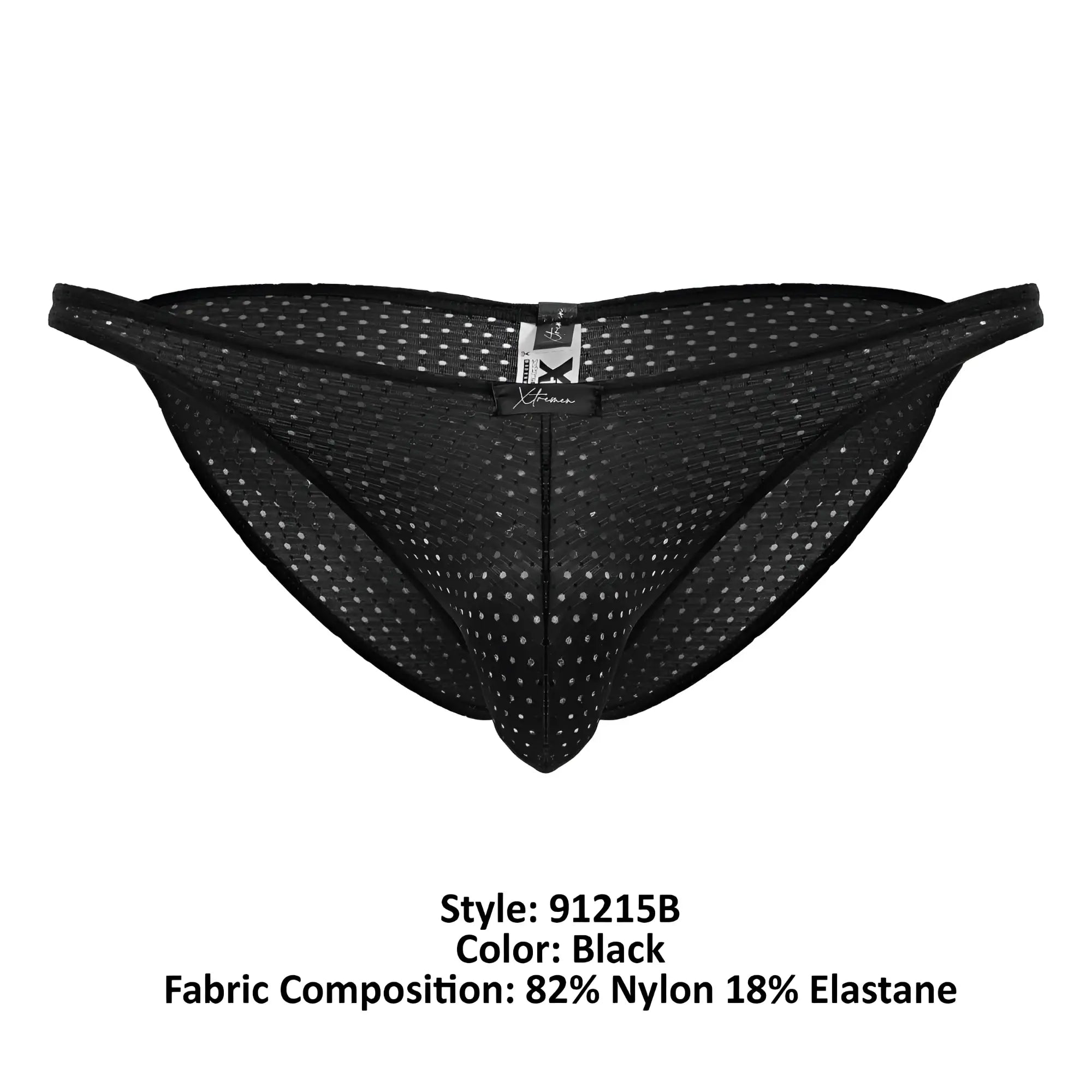 Xtremen 91215B microfiber bikini briefs in black mesh with subtle white dots and branded tag at center front