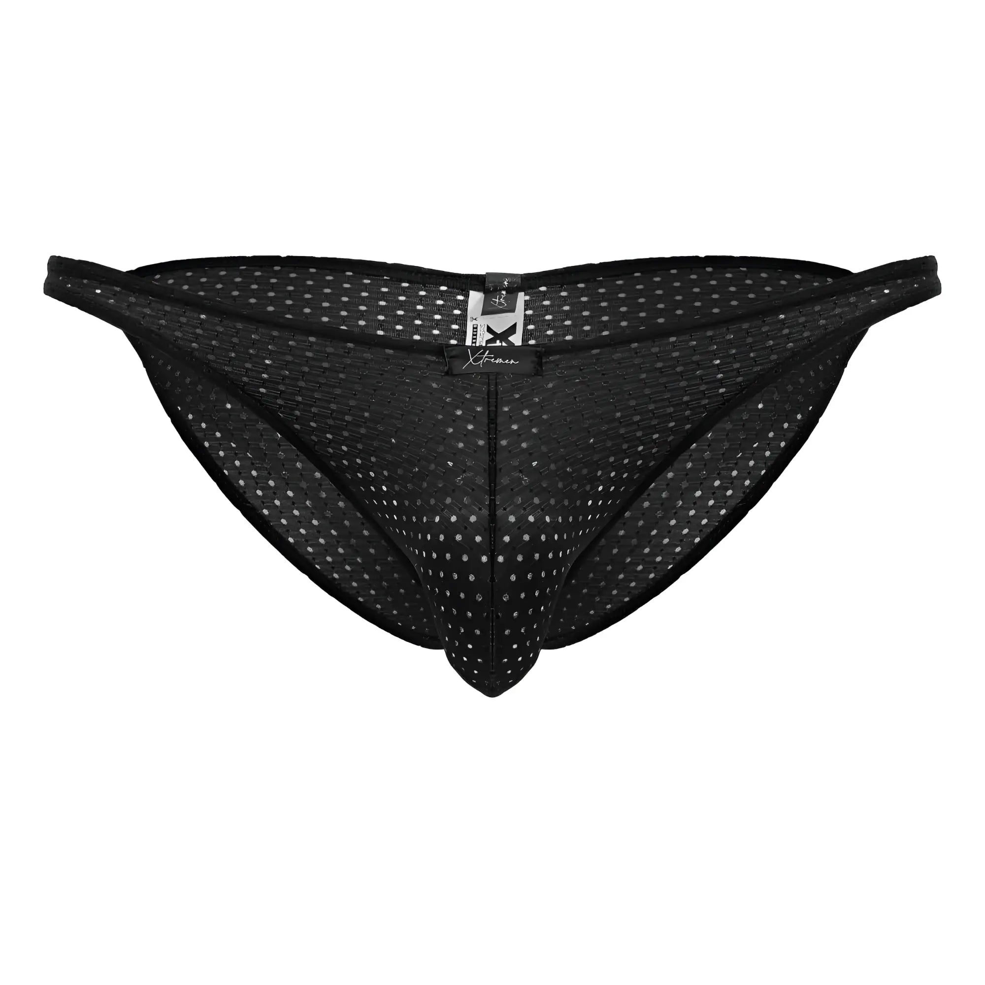 Black xtremen 91215b microfiber bikini briefs with subtle white dot mesh and branded waistband tag
