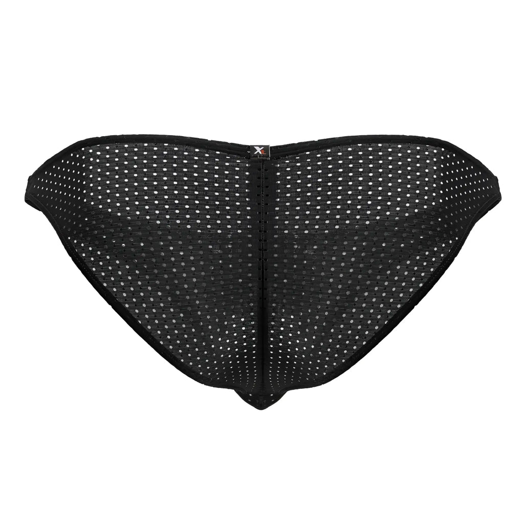 Xtremen 91215b black microfiber bikini briefs with black mesh, subtle white dot pattern, and central zipper closure