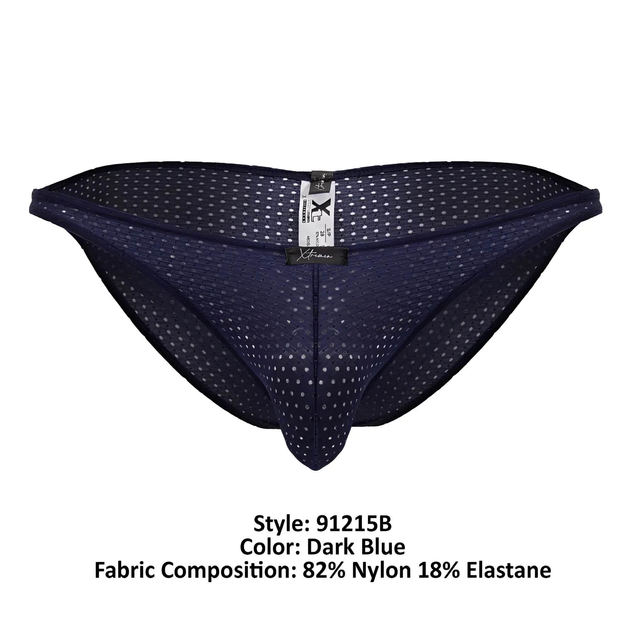 Dark blue xtremen 91215b microfiber bikini briefs with mesh fabric subtle white dot pattern and branded waistband tag