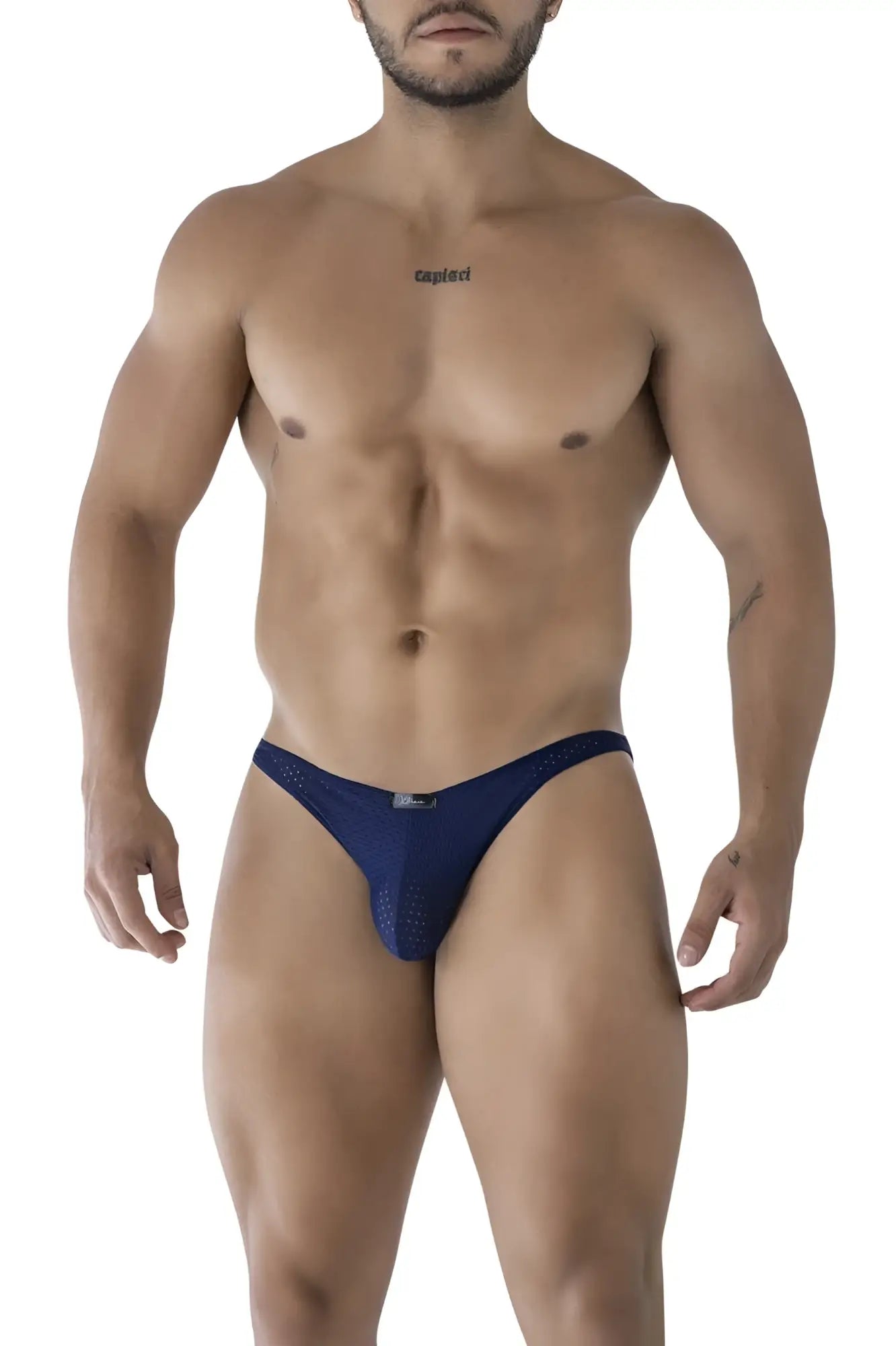 Navy blue microfiber mesh thong bikini with small front band logo xtremen 91215b micro bikini color dark blue