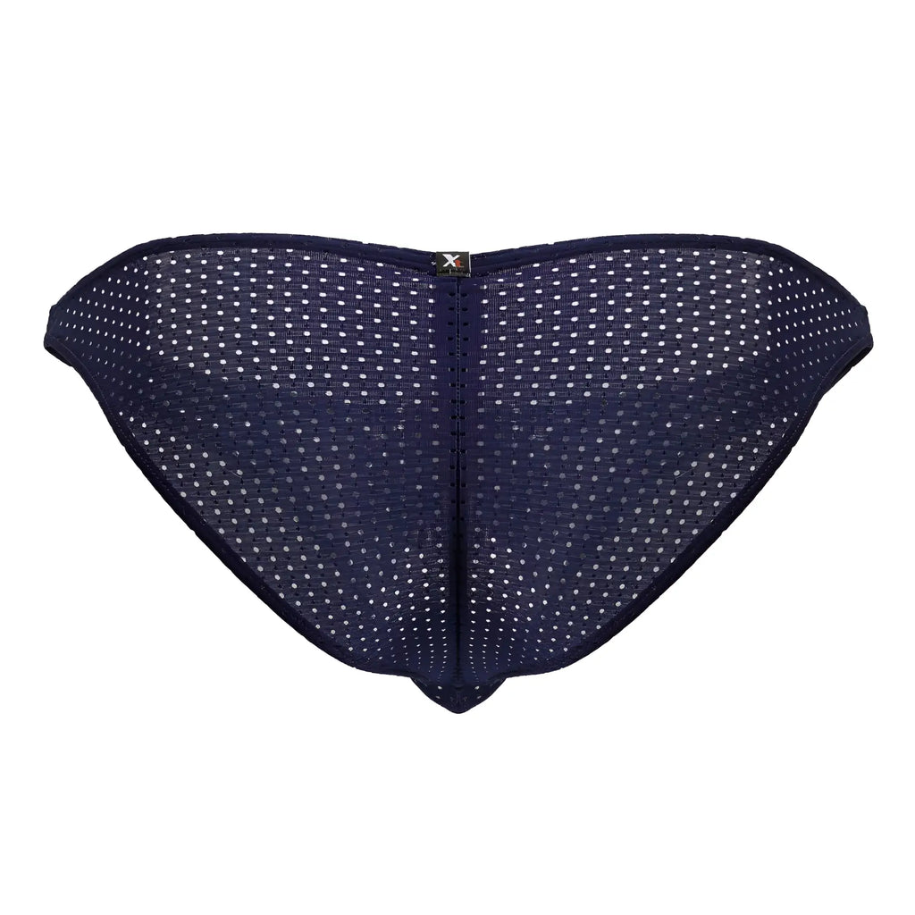 Navy blue mesh microfiber bikini briefs with white polka dots and metallic logo shown from back xtremen 91215b