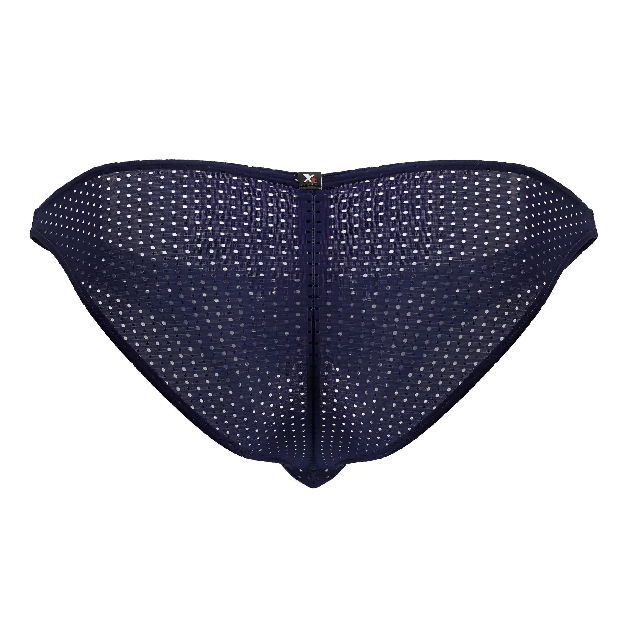 Navy blue mesh microfiber bikini briefs with white polka dots and metallic logo shown from back xtremen 91215b