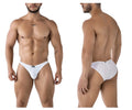 White xtremen 91215b microfiber bikini briefs with white mesh fabric subtle pattern and black brand tag at waistband
