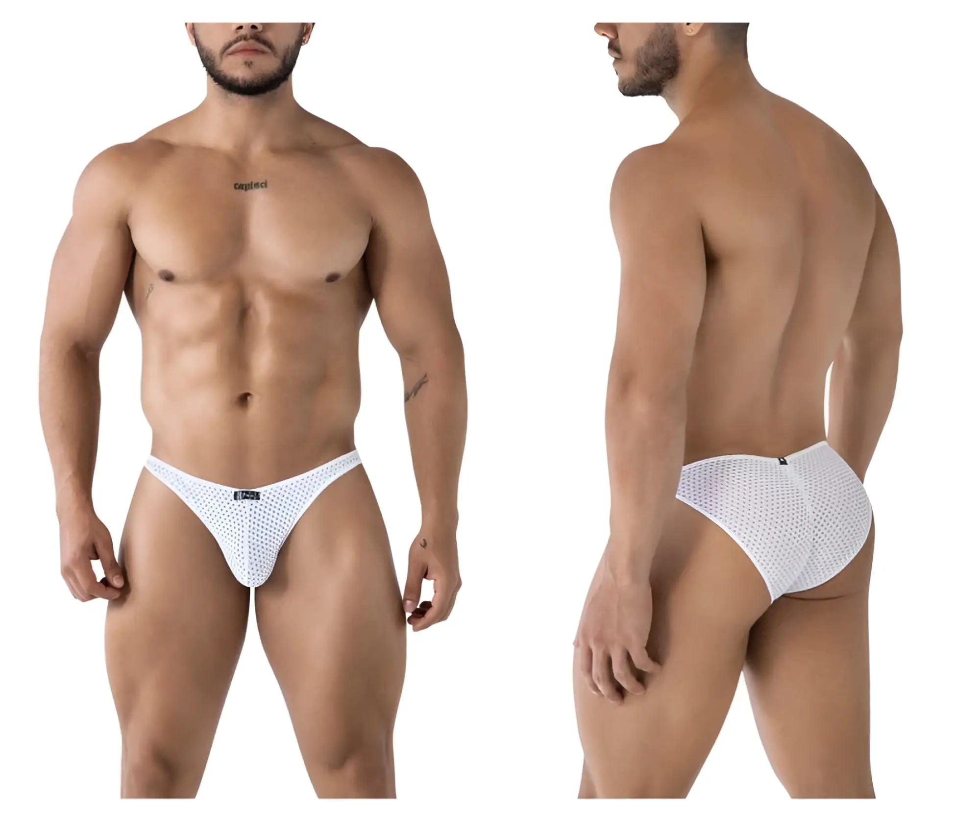 White xtremen 91215b microfiber bikini briefs with white mesh fabric subtle pattern and black brand tag at waistband
