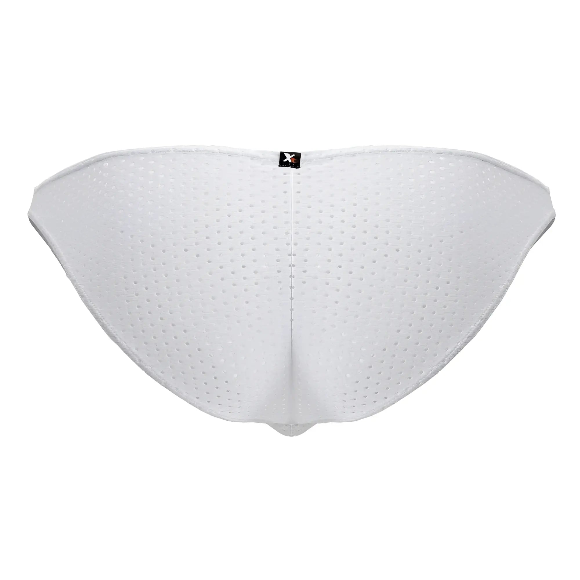 White xtremen 91215b microfiber bikini briefs with perforated mesh, central seam, and small black logo tag at the back