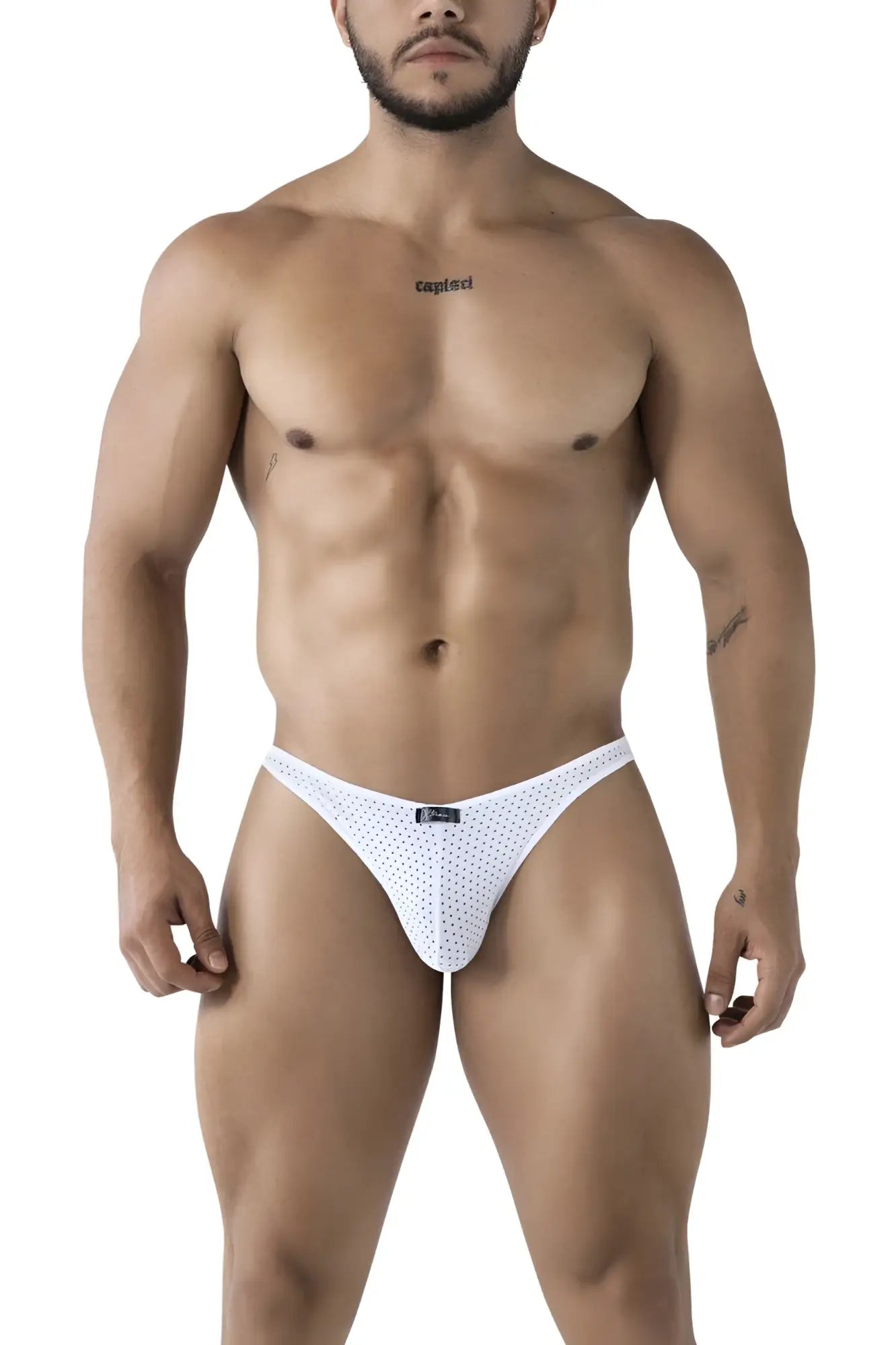 Xtremen 91215b microfiber bikini briefs in white with white polka dots and subtle textured fabric with black brand tag