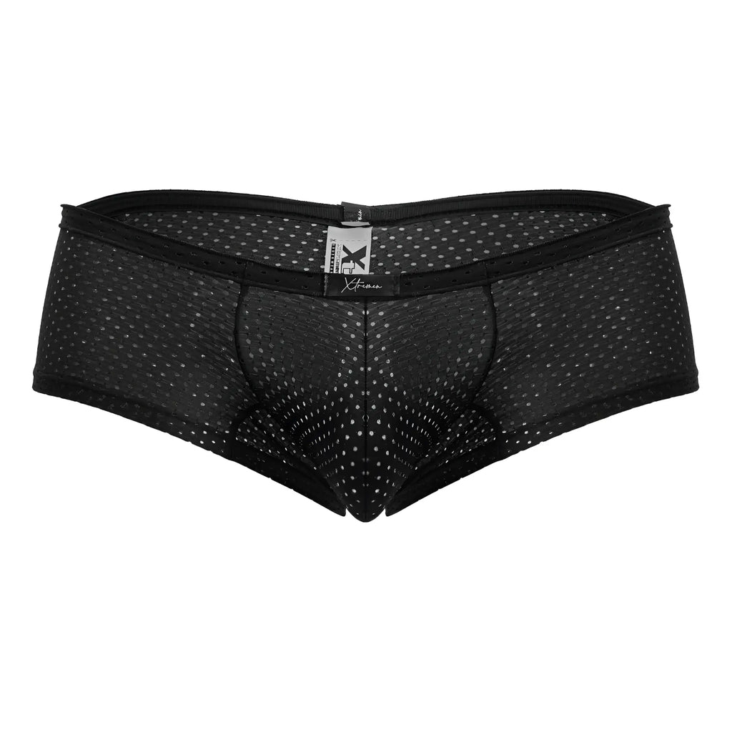 Xtremen 91216B black microfiber trunks with black mesh briefs featuring subtle white dot pattern and reinforced waistband