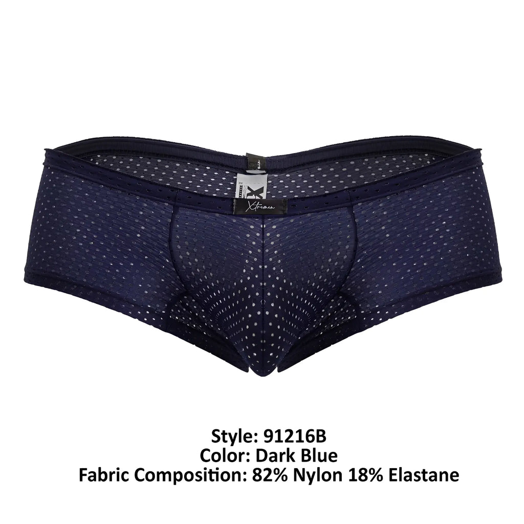 Dark blue xtremen 91216b microfiber trunks with subtle white polka dots and mesh texture made of nylon and elastane