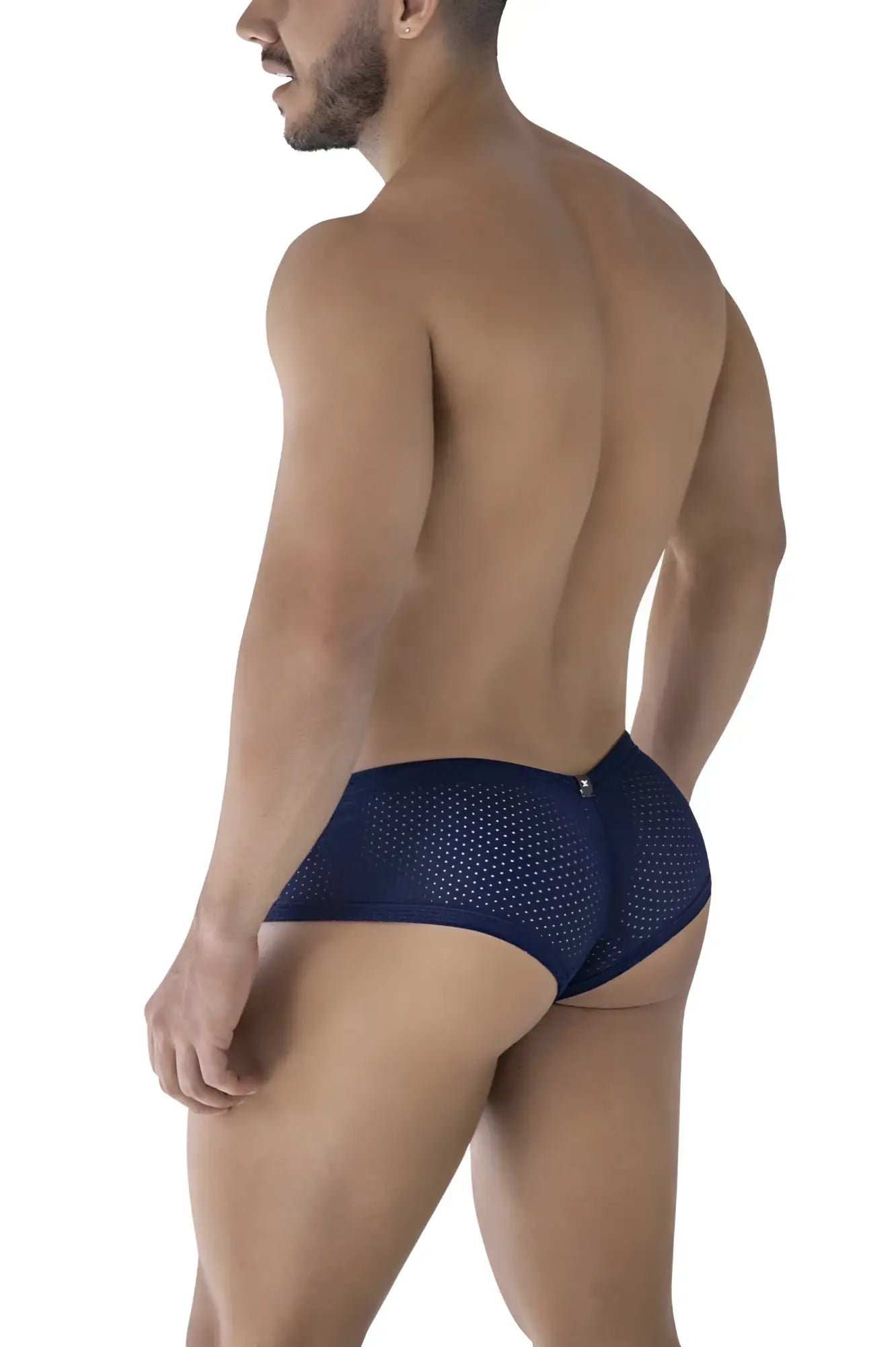 Dark blue xtremen 91216b microfiber trunks with navy mesh fabric subtle pattern and metallic logo on waistband