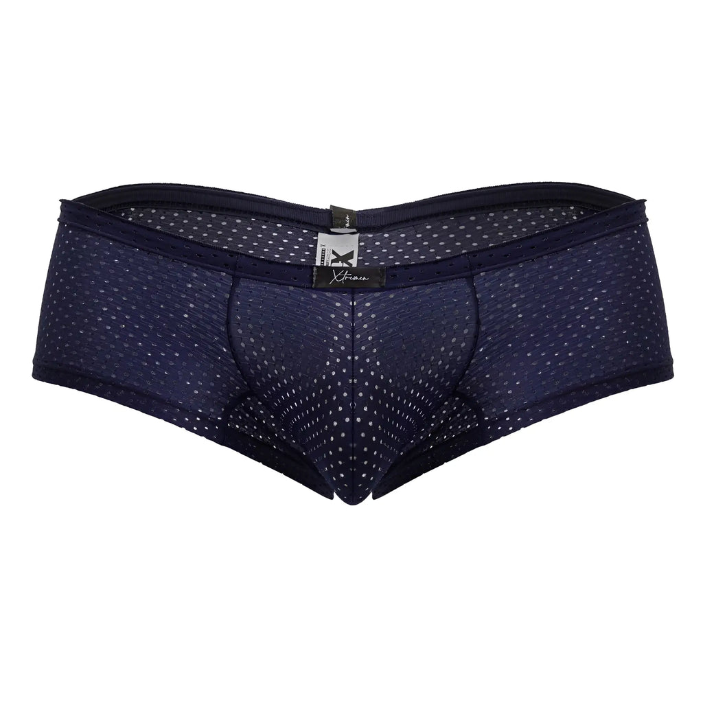 Navy blue xtremen 91216b microfiber trunks with white polka dot mesh and black elastic waistband