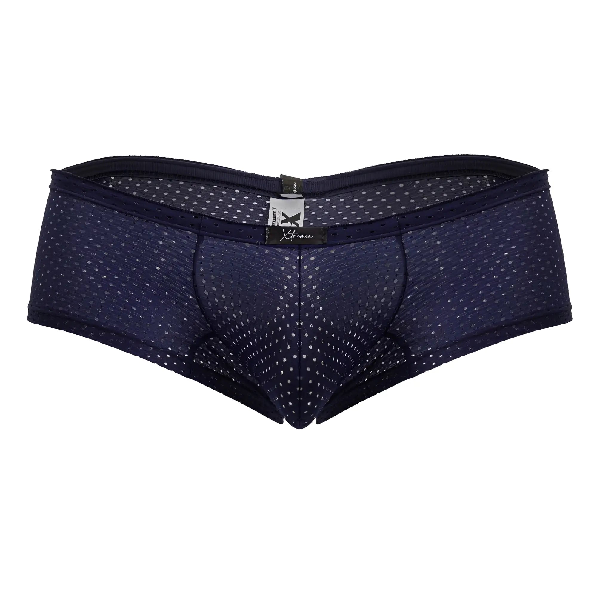 Navy blue xtremen 91216b microfiber trunks with white polka dot mesh and black elastic waistband