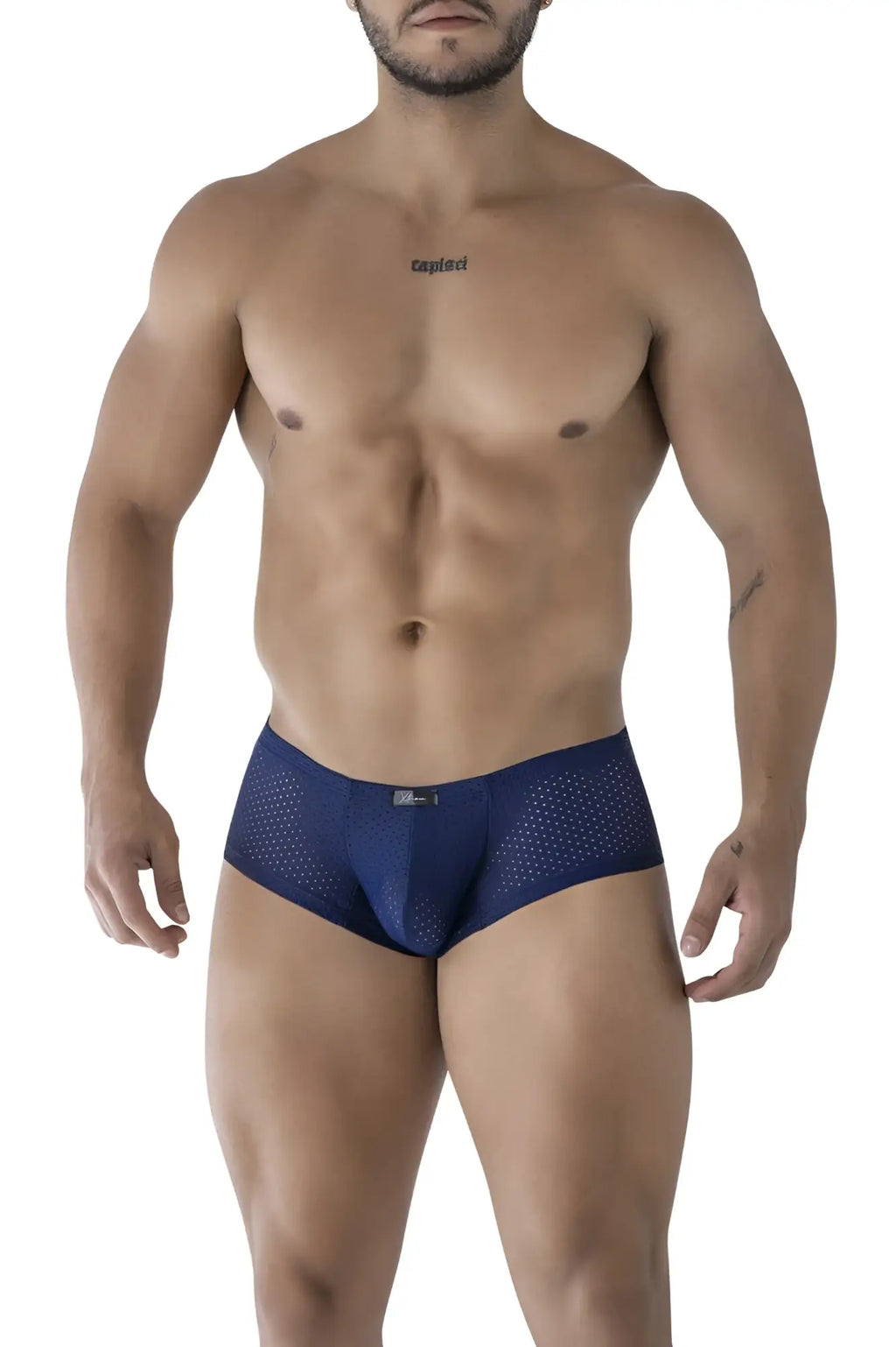 Men’s navy blue perforated mesh microfiber briefs xtremen 91216b micro trunks showing front view