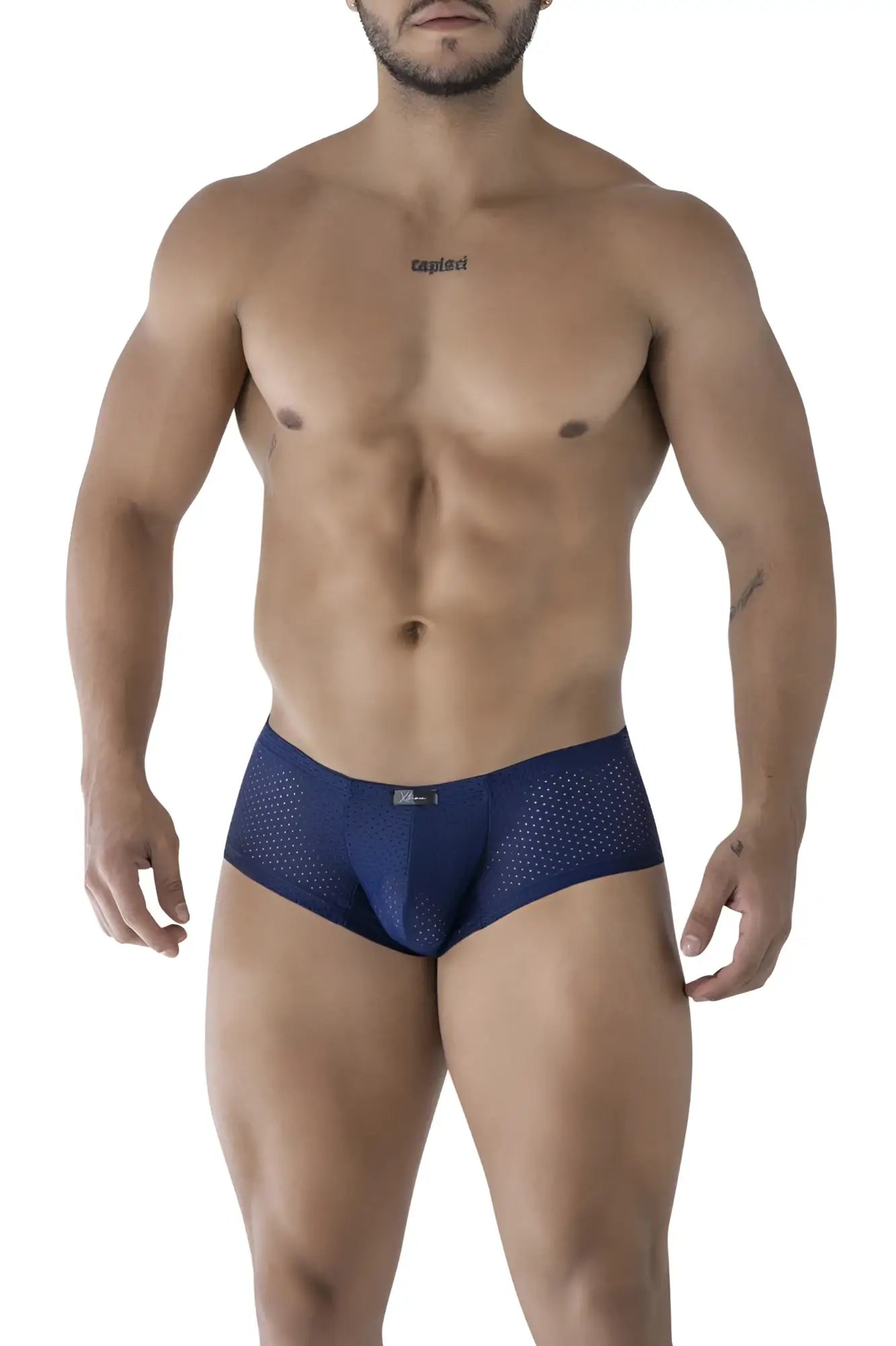 Men’s navy blue perforated mesh microfiber briefs xtremen 91216b micro trunks showing front view